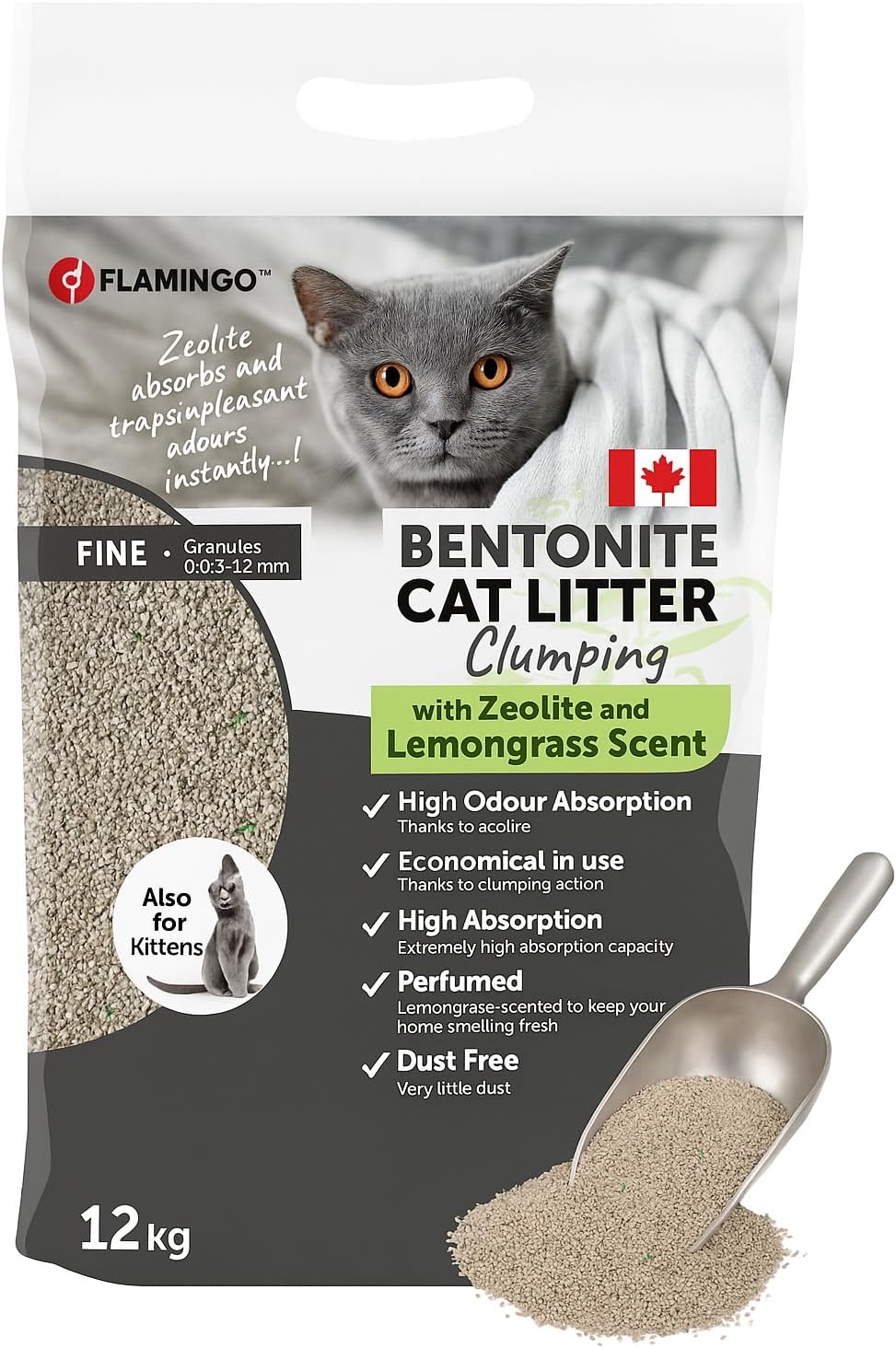 Flamingo Litière pour Chats - Parfum Talc pour bébé - 12KG pour 10 SEMAINES - Origine Canada - neutralisent les odeurs désagréables - douce pour les pattes -aussi pour les chatons