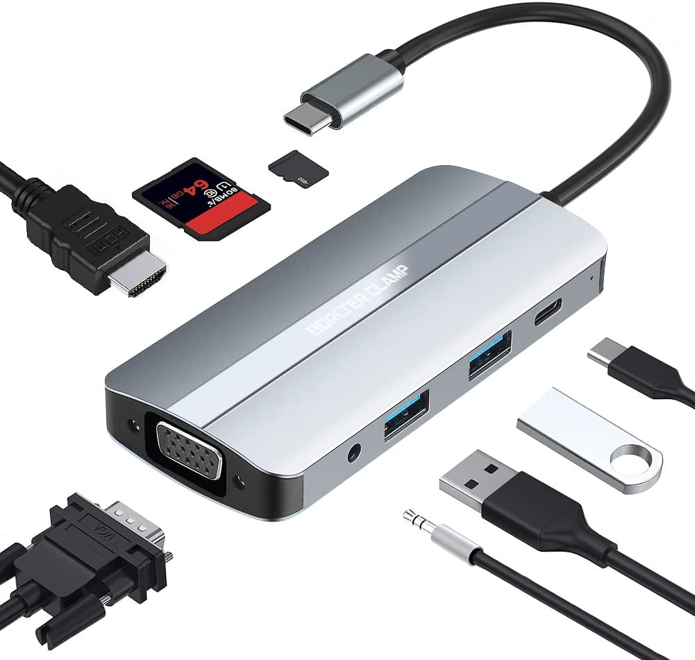 BorlterClamp Hub USB C, Adaptateur USB C Multiport 8 en 1 avec HDMI 4K et VGA, 2 Ports USB, Port PD 100W, Lecteur de Carte SD et microSD, Port Audio 3,5mm pour MacBook Pro, XPS, et Plus