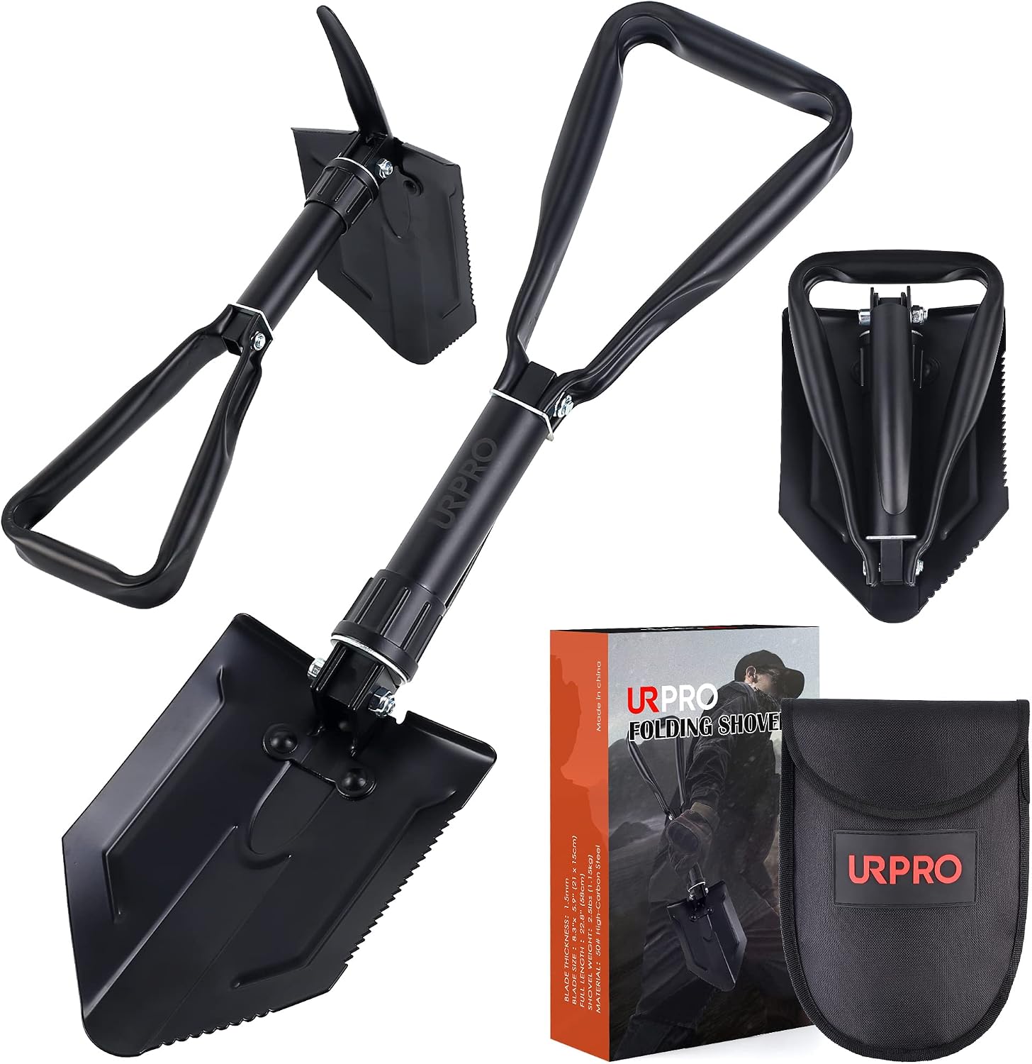 Pelle Pliante avec Pioche, Poignée et Lame Portable en Acier au Carbone, Survie, Retranchement, Militaire, Outil de Tranchée, pour Camping, Jardinage, Creuser, Boue et Neige