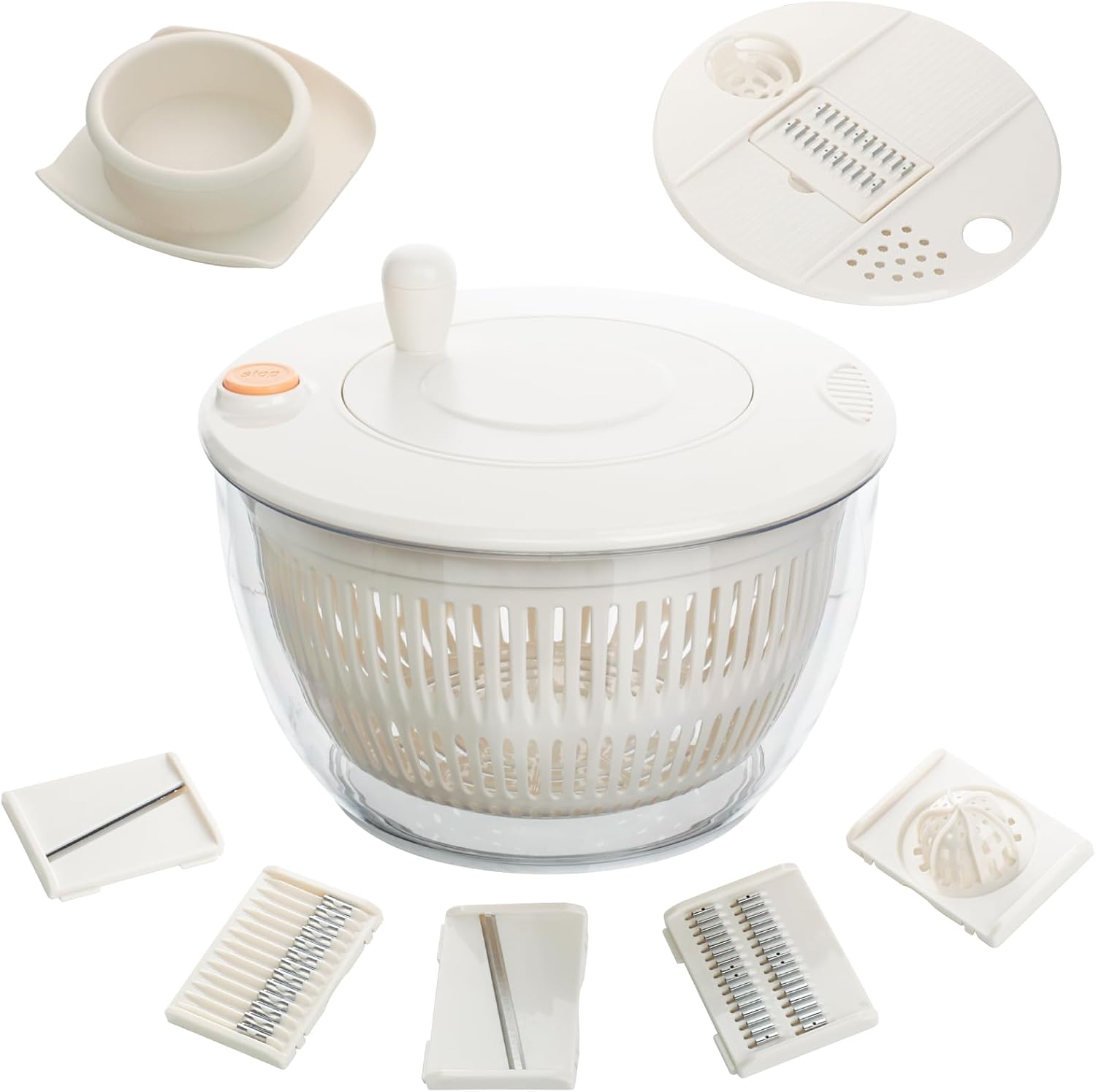 Cozary Essoreuse à Salade 4,5L, 7 en 1 Grande Essoreuse Salade, Saladier, Multifonctionnel Séchoir à Salad avec 6 Lames, Séparateur de Jaune d'Œuf, Râpe de Cuisine pour Laver, Sécher Les Légumes