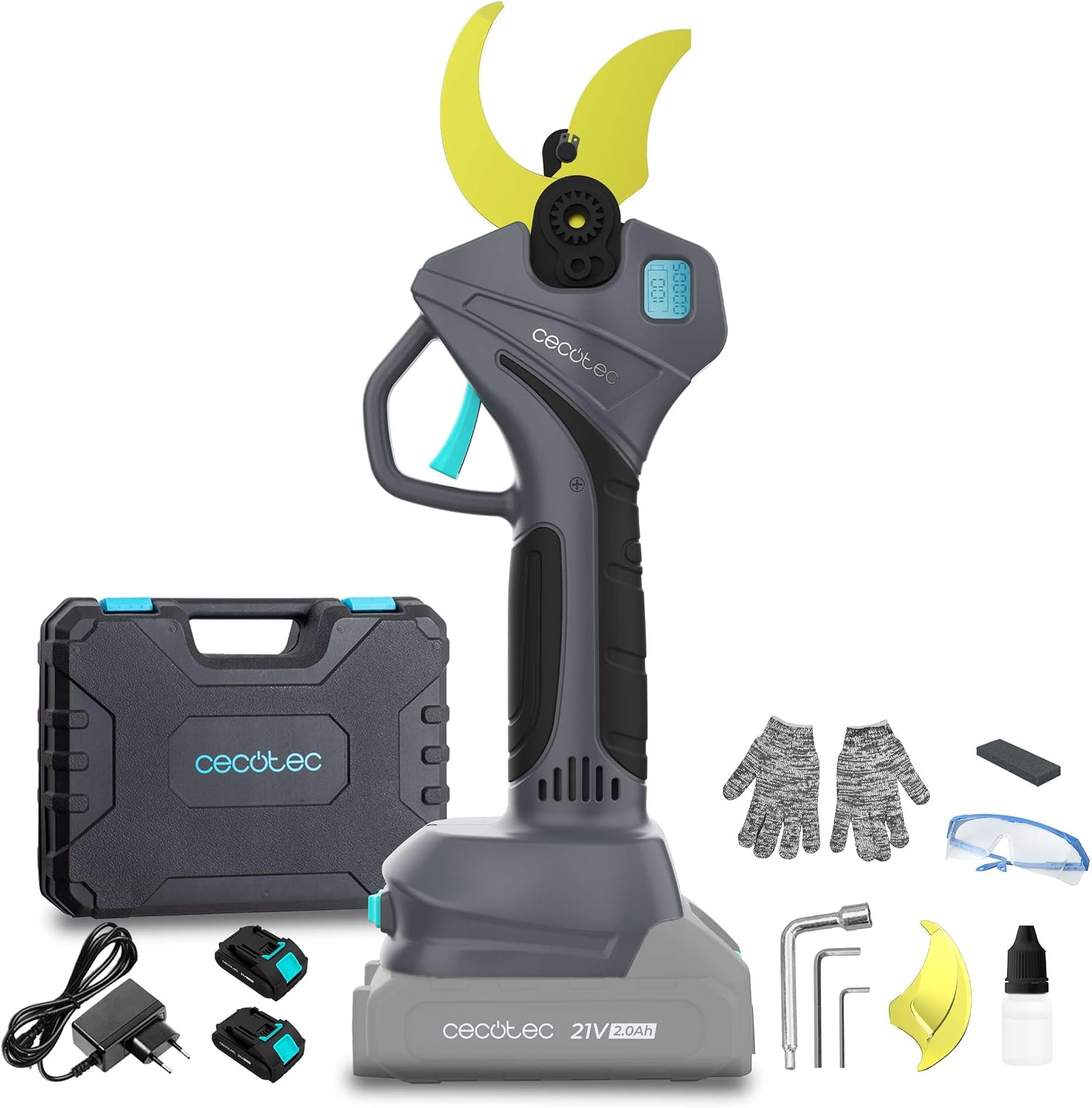 Cecotec Sécateur Électrique TitanCut 5000. 2 batteries 21V, moteur sans balais, branches jusqu’à 50 mm, lames avec revêtement en titane, contrôle digital, inclut mallette et accessoires
