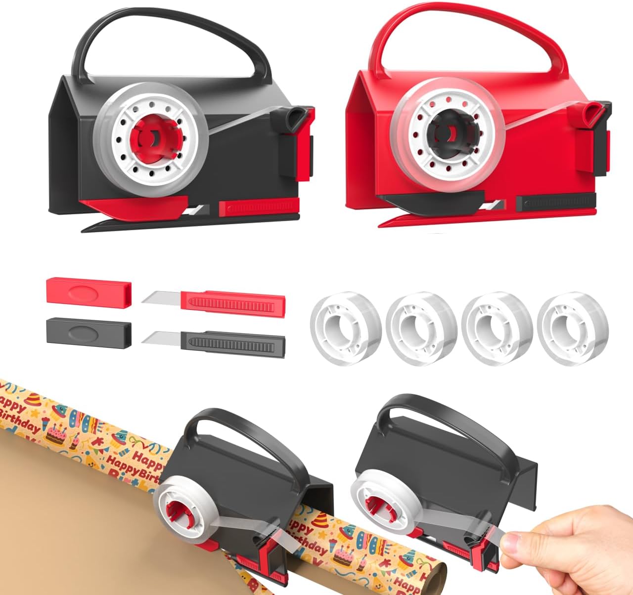 Quuylin 2Pcs Coupe Papier Cadeau,2 lames et 4 rubans adhésifs Noir et rouge