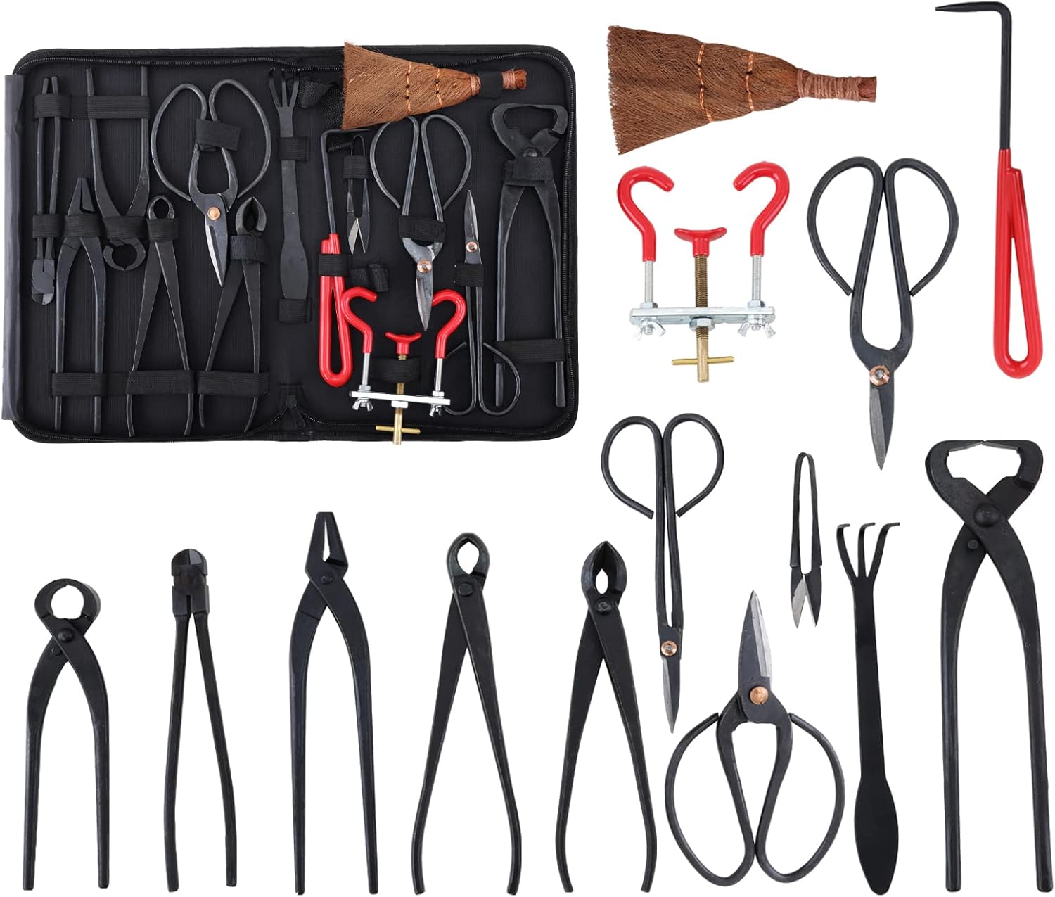 14 Pièces Ensemble d'Outils de Jardinage, avec Coupe Ciseaux en Acier Au Carbone, Coupe-Bordures Concave, Coupe-Bordures, Pince à bonsaï, Cadeaux de kit Jardinage pour Homme et Femme