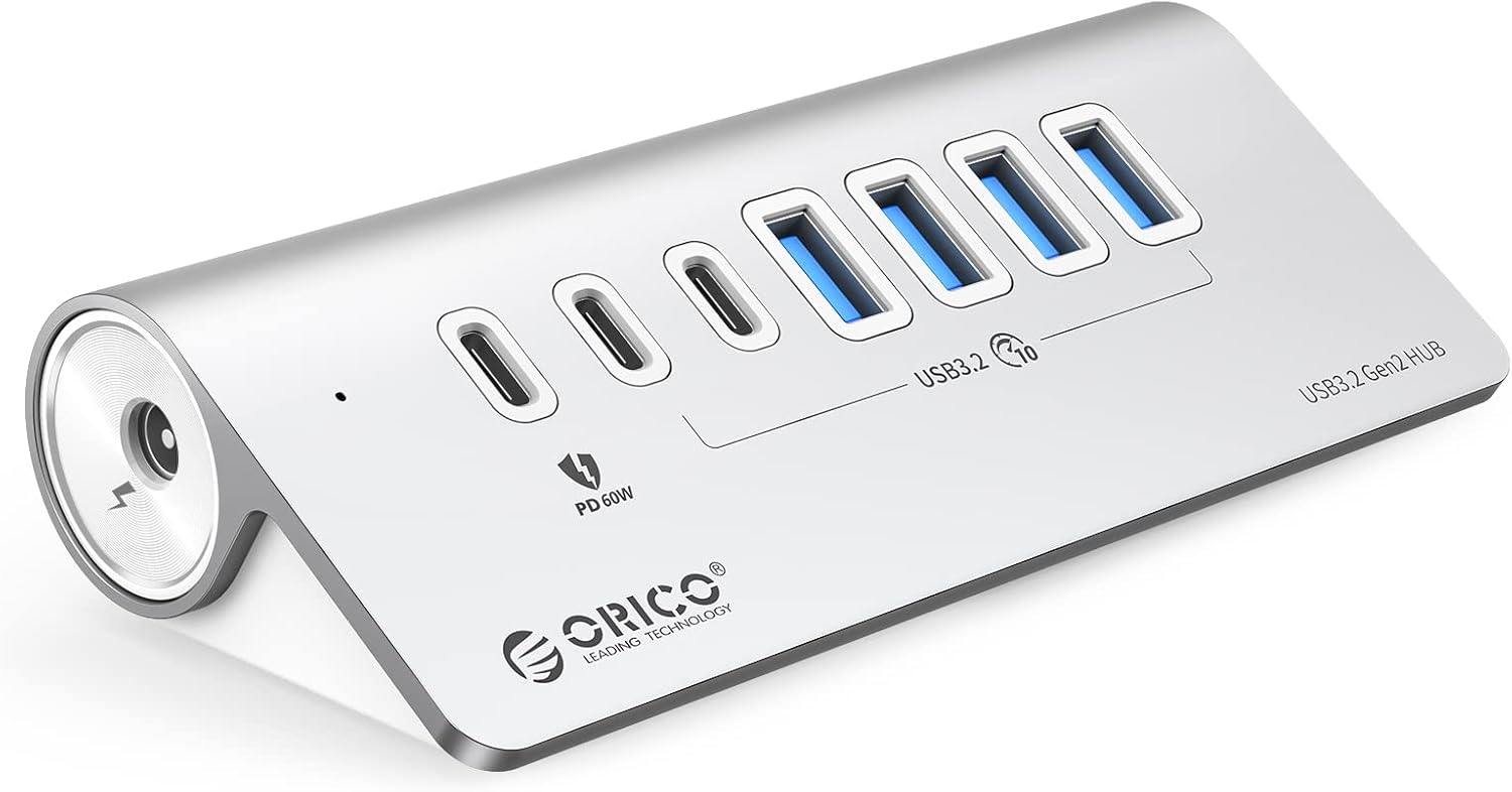 ORICO Hub USB C avec Lecteur de Carte, 3 Ports USB A, Transfert de Données 5 Gbps, Câble 0,5 m, Adaptateur USB A, Port d'Alimentation Type C 5V/2A pour iMac, Macbook