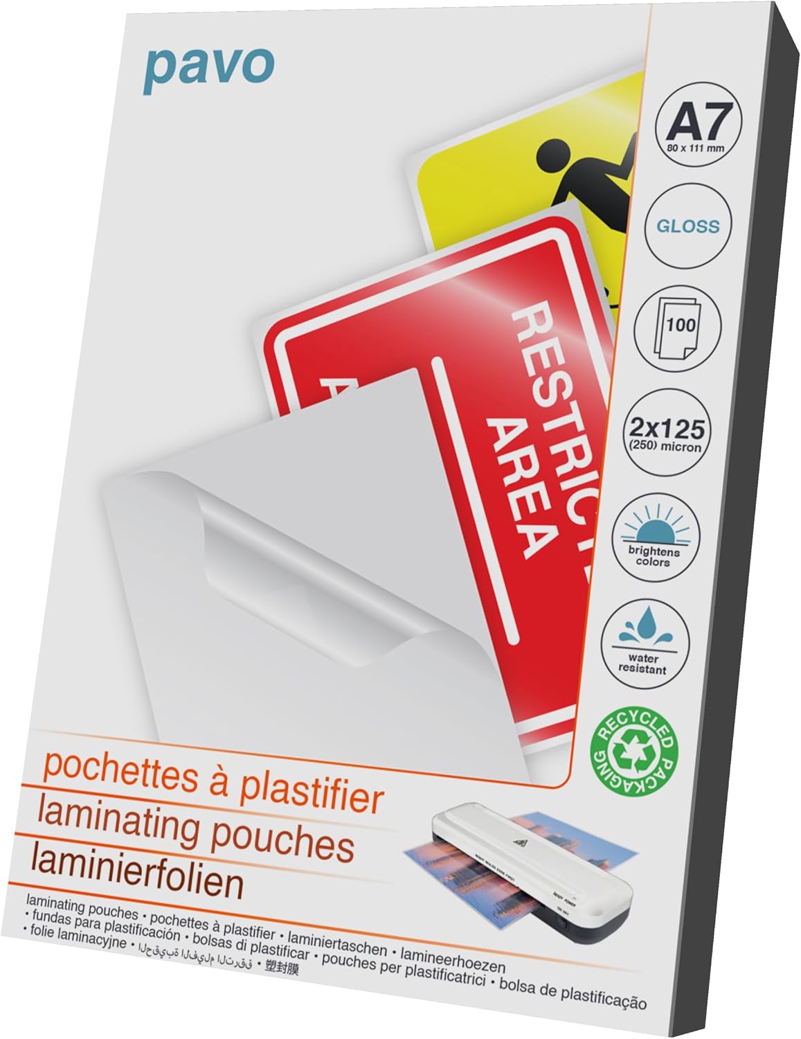 Pavo - Pochettes de plastification A7 la dimension: 80 x 111 mm , 2x125 microns, Pack de 100 , Brillant