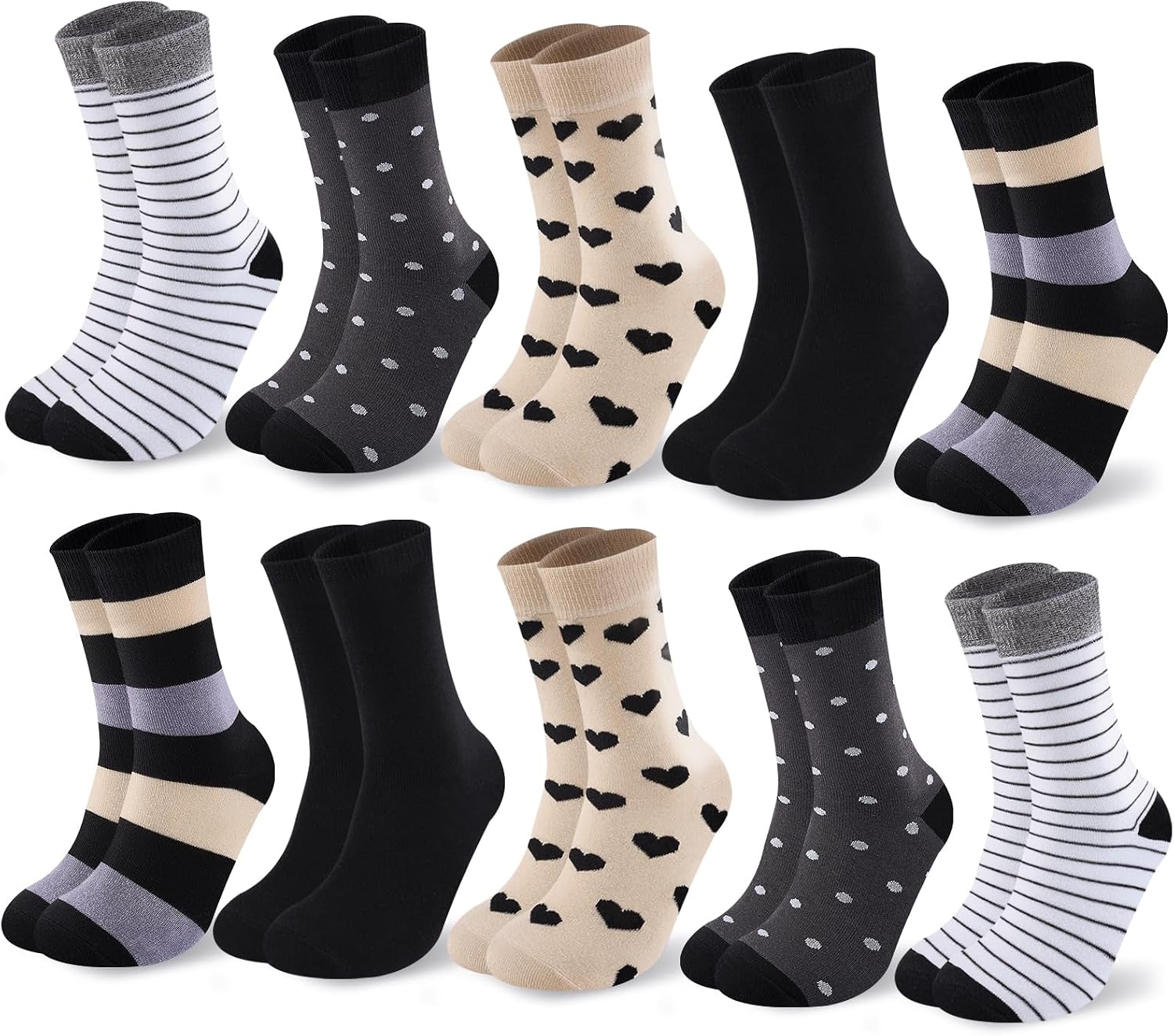 Cirorld 10 Paires Chaussettes Femme Coton Colorées 39-42, Mi-Hautes, Sport Confortables, Hiver Respirantes, Motifs Rayures/Pois