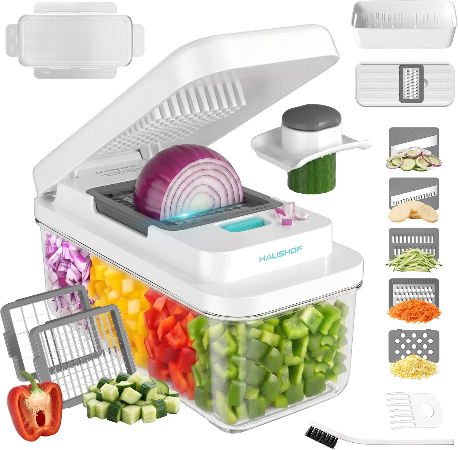 HAUSHOF 13-en-1 Hachoir à Légumes Multifonction avec 13 Lames Inox