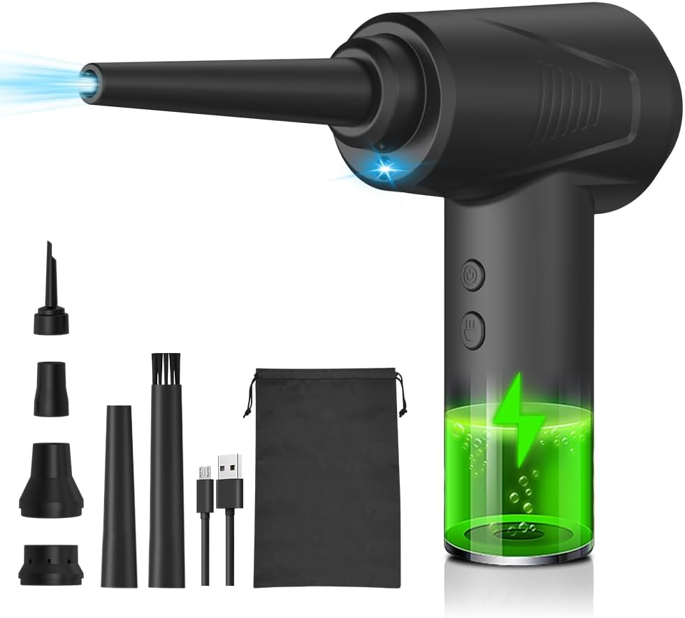 Pompe à vide de gonfleur d'air sans fil rechargeable, 3 en 1 avec lumière 50 000 tr/min moteur brossé haute vitesse 6 buses pour le nettoyage du clavier de PC, sacs de gonflage