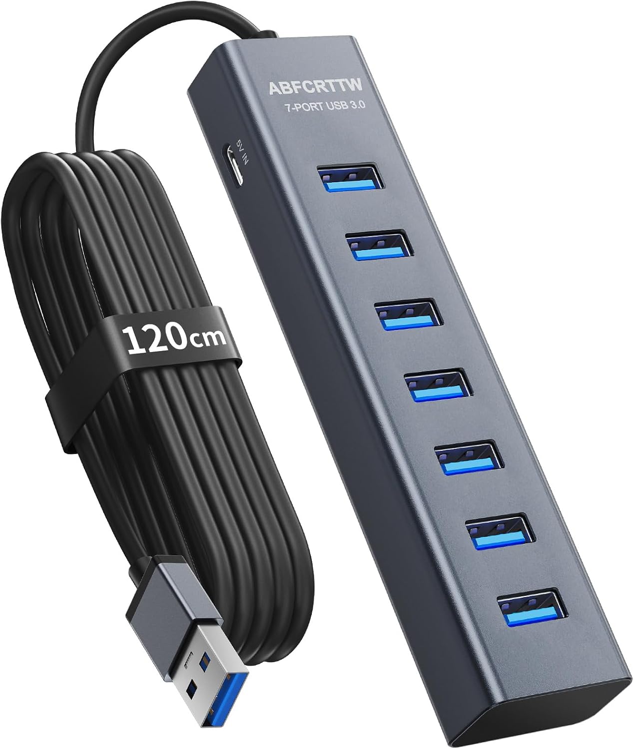 7 Port Hub USB 3.0 - Aluminium Hub USB avec 120cm Câble pour PC Bureau, USB Adaptateur Multiport avec USB 3.0 5Gbps, 5V 3A Type-C pour PC, Laptop, MacBook, MacBook, Souris, Clavier, Disque U etc.