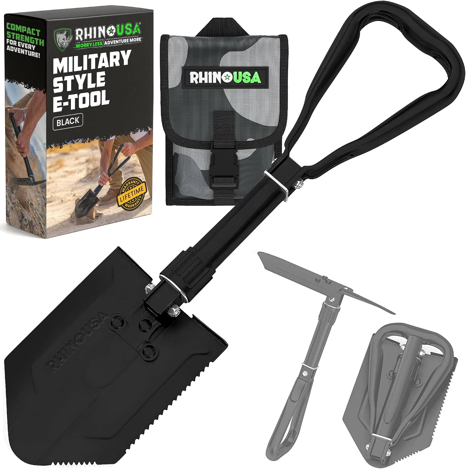 Rhino USA Pelle Pliante avec Pointe Outil pour Creuser en Acier Carbone de Style Militaire pour Le Tout Terrain Pelle Jardinage Accessoire Camping Accessoire Détecteur Métaux