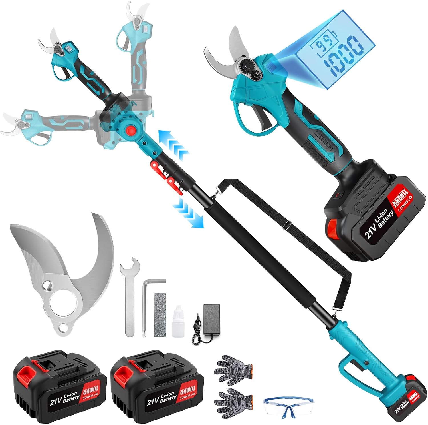 Anbull 2-en-1 Secateur Electrique Sans Fil Télescopique Coupe 40mm