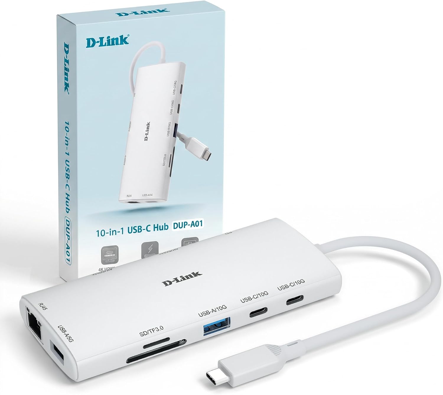 D-Link DUP-A01 Hub USB-C 10-en-1, 2X HDMI 4K@60Hz, USB 3.1/3.0, Power Delivery 100W, Lecteurs SD/microSD, Ethernet Gigabit – Station d’Accueil USB-C pour MacBook, PC, Android