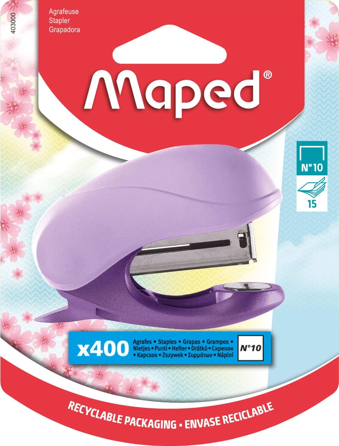Maped - Agrafeuse VIVO PASTELL N°10 - pour jusqu'à 15 feuilles - couleurs pastel tendance - à 80% en plastique recyclé - dissolvant d'agrafes intégré - inclus 400 agrafes N°10