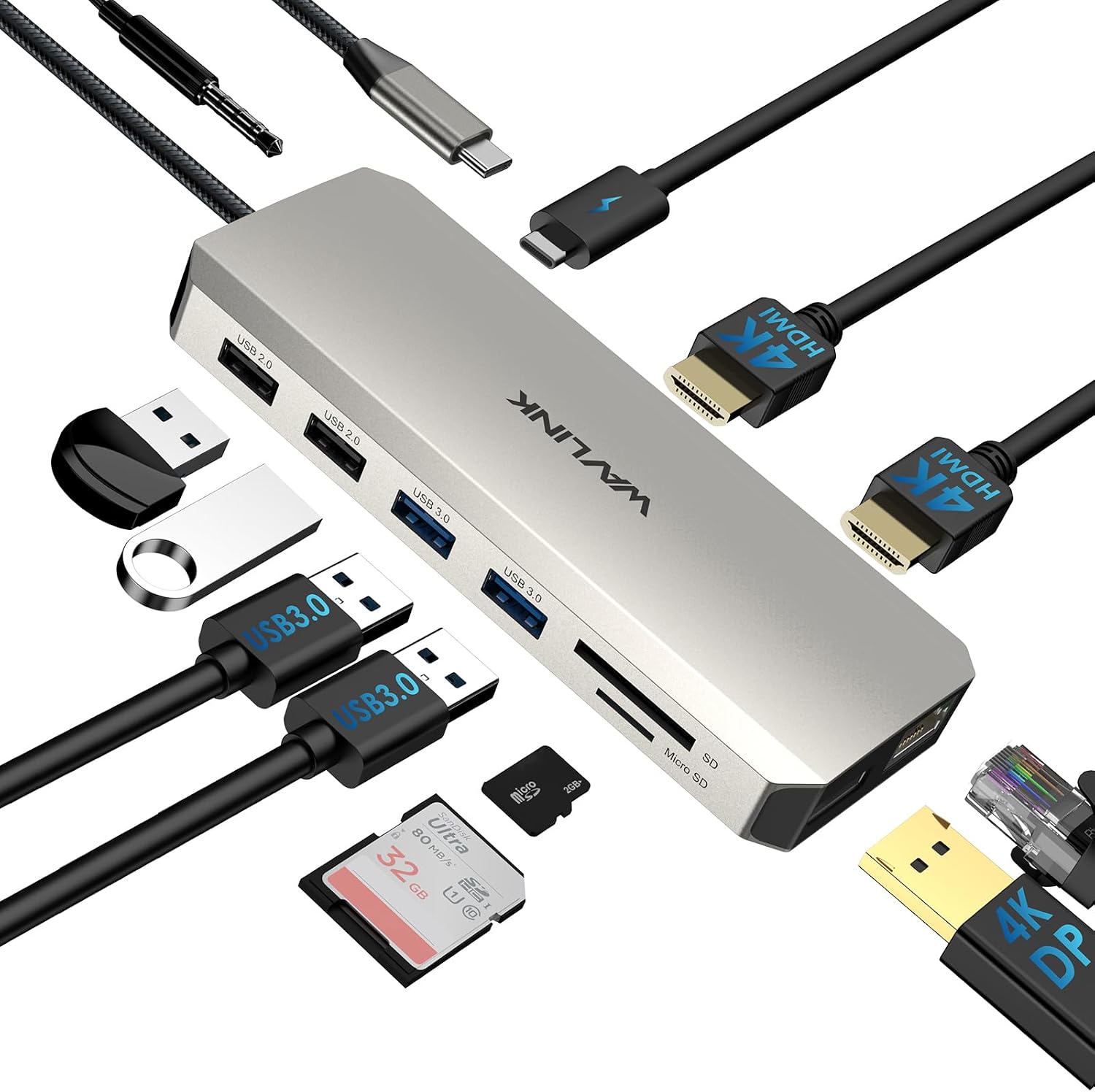 WAVLINK Station d'accueil USB-C 12-en-1, double HDMI, adaptateur multiport 4K Dual HDMI, DP, 100 W PD, USB3.0, USB2.0, RJ45, SD/TF, audio/Mic, pour