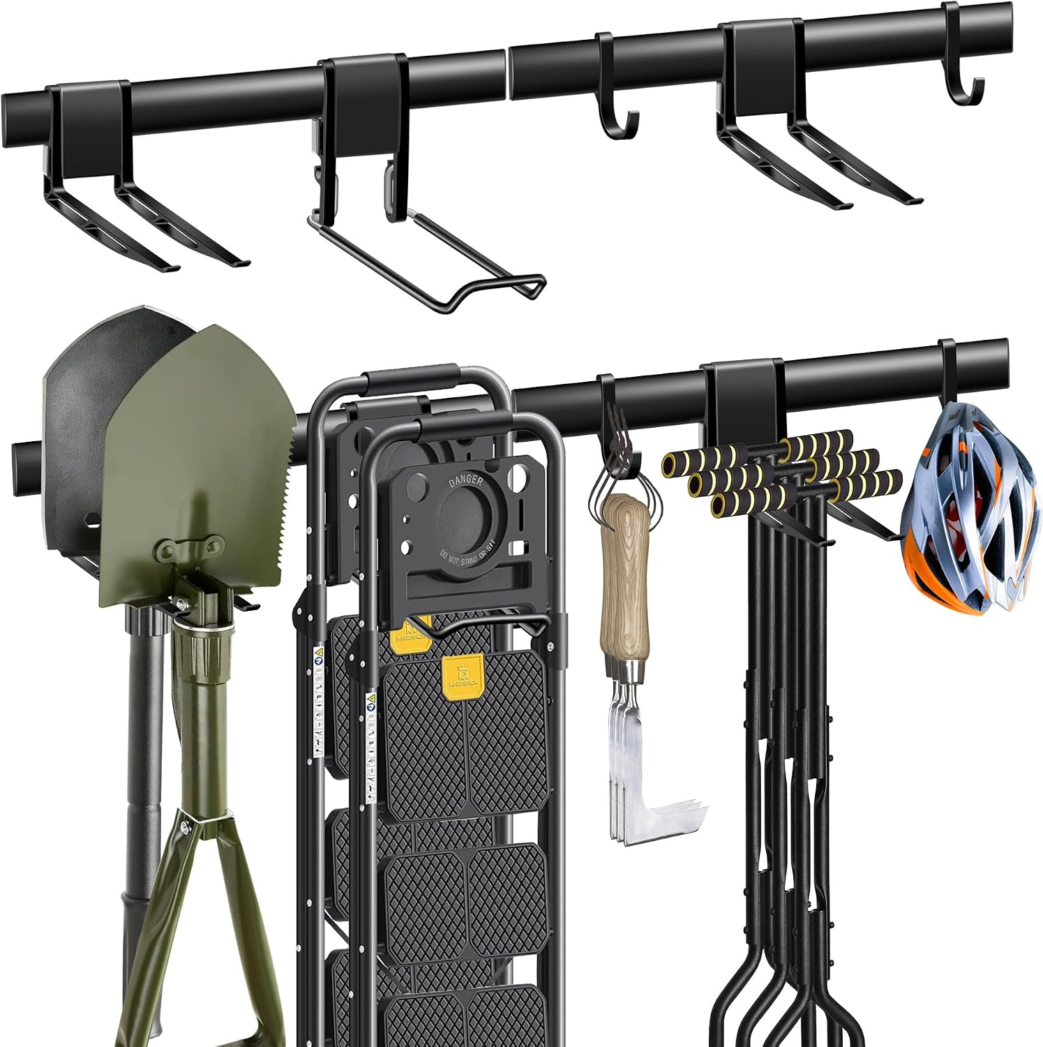 Mimoke Lot de 2 porte-outils de jardin en acier de qualité supérieure - Avec 2 rails de 43 cm chacun et 5 crochets - Barre pour ranger outils, outils de jardin, équipements de sport - Garage et cave
