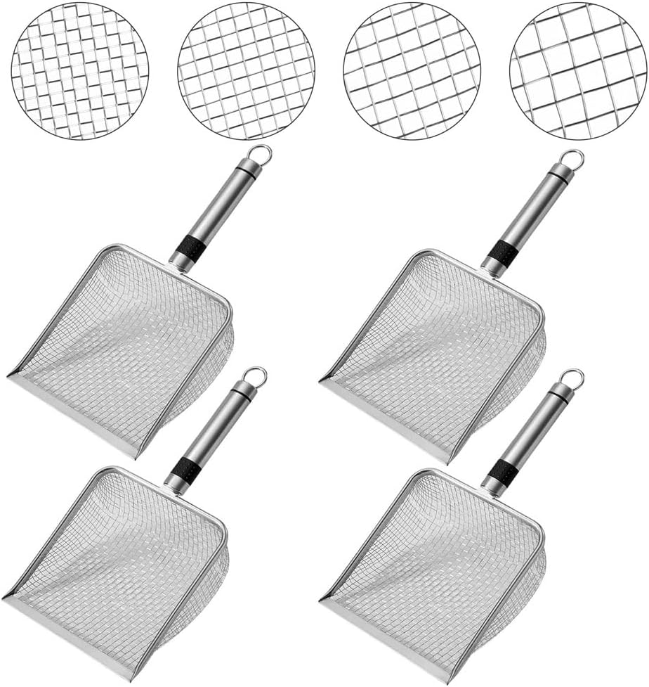 Lot de 4 tamis de jardin en acier inoxydable, 2/2,8/3,8/5 mm, tamis à compost avec poignée, tamis de jardin, tamis à compost en acier inoxydable, pelle à terreau portable pour le jardinage et