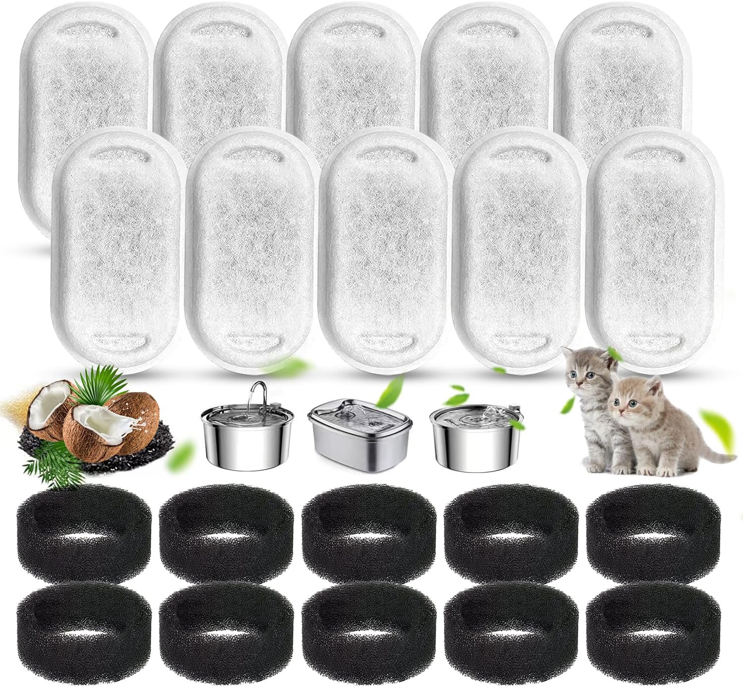 20 Packs Filtre Fontaine Chat, Filtre à Charbon 10 Pièces Et Une éponge en Mousse 10 Pièces, Filtre en Mousse De Remplacement Filtre pour Fontaine à Eau pour Chat.