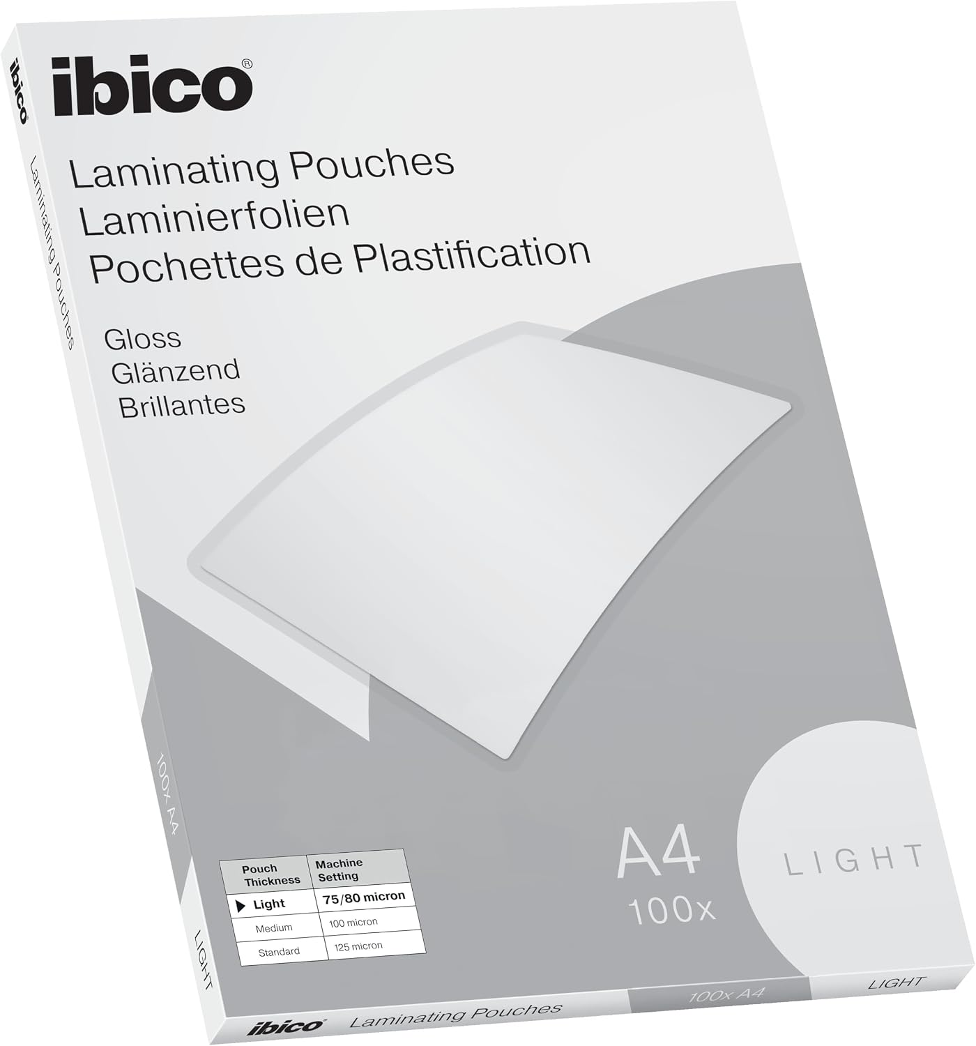 Ibico, 100x Pochette Plastification A4, 75/80 µ, Epaisseur Light, Brillante