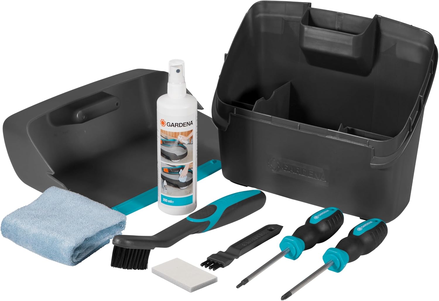 Gardena Kit d'entretien robots : kit d'accessoires pour le nettoyage et l'entretien du robot tondeuse Gardena, avec tampon abrasif, brosses, spray nettoyant pour plastique et tournevis (4067-20)