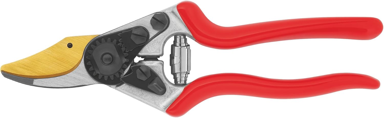 FELCO 6 Sécateur personnalisable Lame F-Gold/Poignées rouges – lame or-cobalt résistante, ergonomie main moyenne, coupe 20 mm, aluminium forgé, Swiss Made
