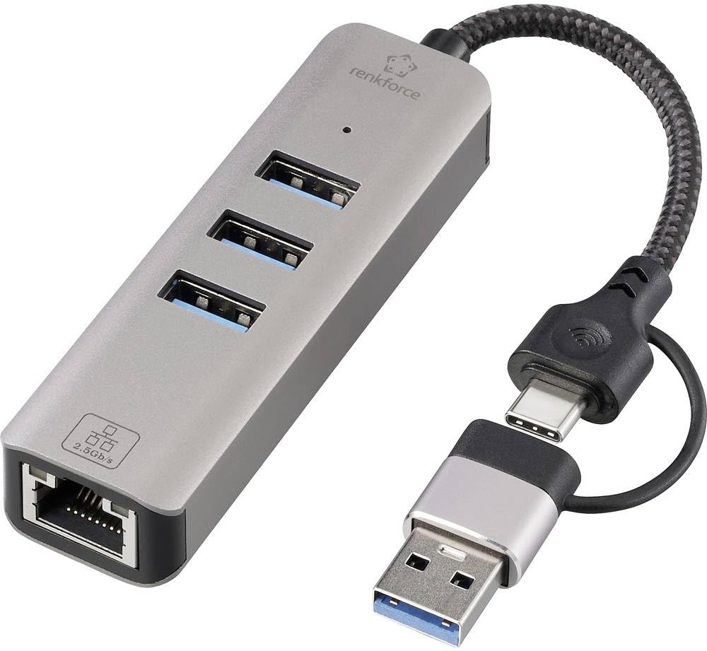 Renkforce RF-6856046 Hub USB 3 Ports USB-A, RJ45 USB 3.2 Gen1 5 GBit/s avec Port réseau intégré Gris RF-EAWH-300