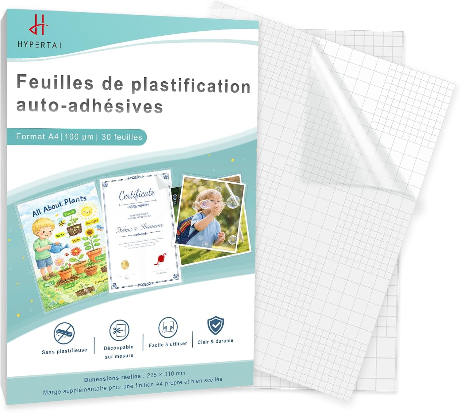A4 Lot de 30 Feuilles de Plastification Auto-Adhésives, 225 x 310 mm, Film de Plastification à Froid 100 Microns, Sans Machine ni Chaleur, Finition Brillante pour DIY, Maison et École