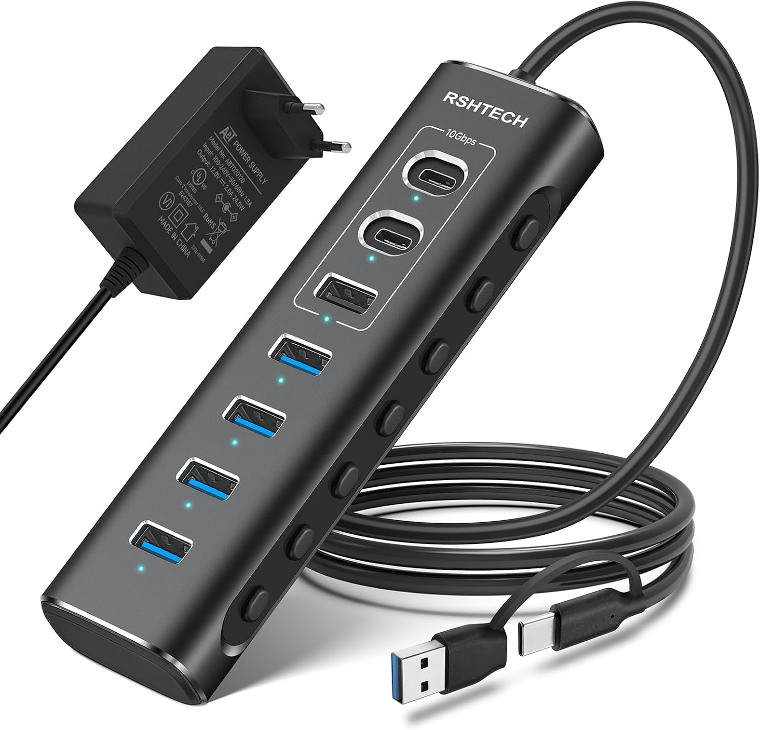 RSHTECH 7 Port Hub USB Alimenté, Aluminium Hub USB 3.2/USB C, RSH-A107C