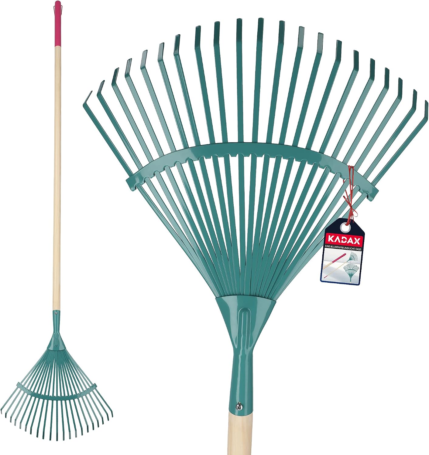 KADAX Râteau à Feuilles de Jardin, Balai à Gazon avec Manche Long en Bois et Dents en Acier Tranchantes pour Un Ramassage Efficace et Confortable (Vert)