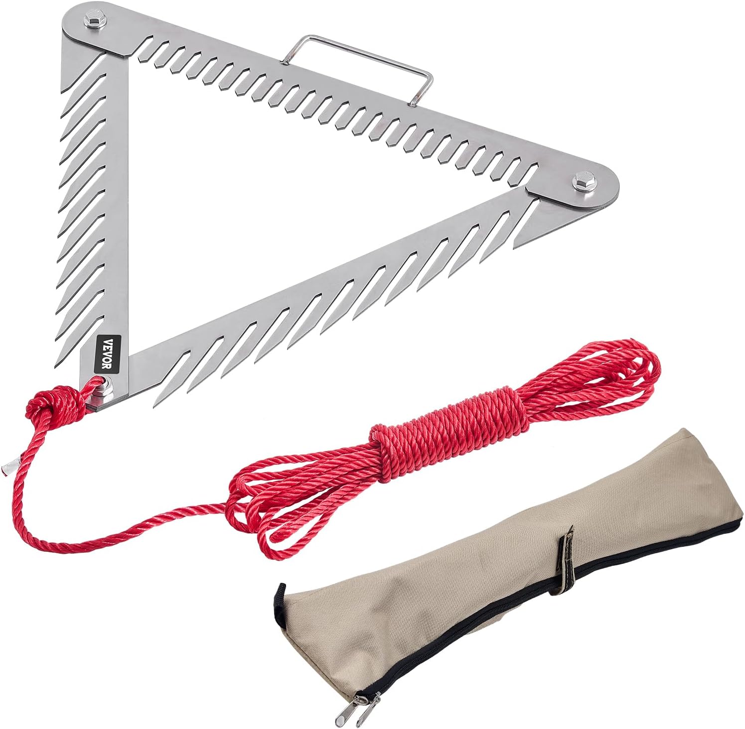 VEVOR Râteau à Mauvaises Herbes Aquatiques, 515 x 540 mm, Râteau Désherbage Lac à 3 Côtés, Coupe Mauvaises Herbes Portable Pliable Acier INOX avec Corde 9 m, Outil de Nettoyage pour Étang, Ruisseau