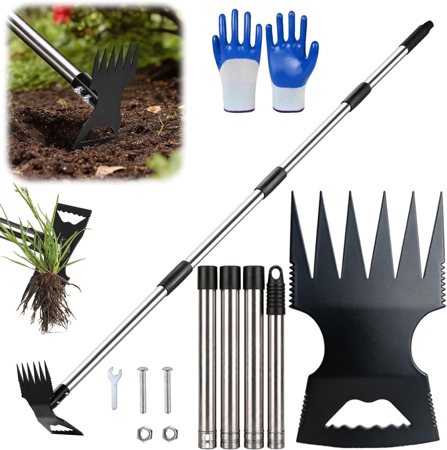 Extracteur de mauvaises herbes de 150 cm avec long manche, 2 en 1 très résistant, râteau manuel et binette, outil de jardinage pour jardin, pelouse, terrasse, jardin