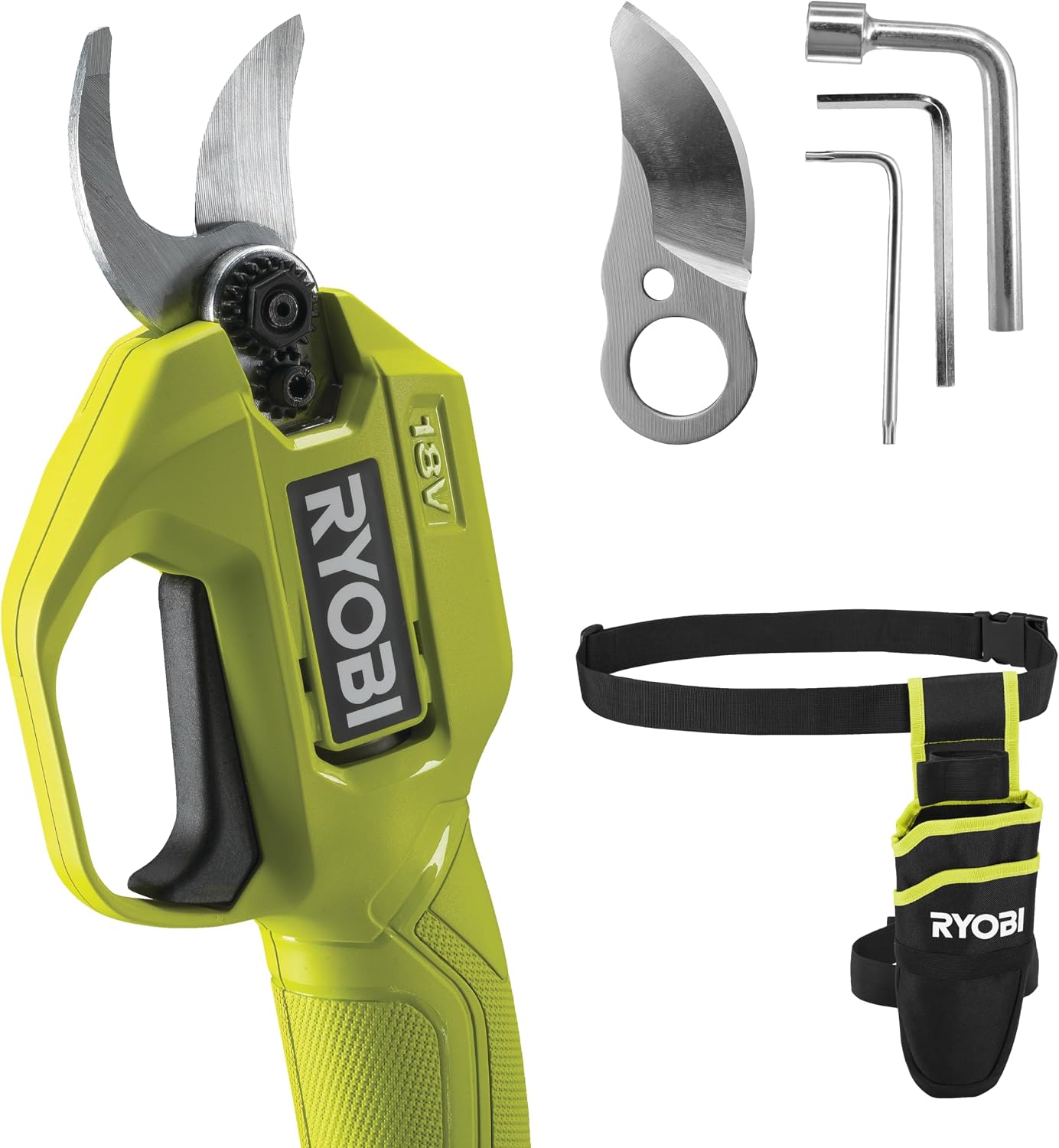 RYOBI - Sécateur 18V et Étui de ceinture - lames Bypass chromées en acier carbone japonais SK5 - capacité de coupe 25 mm - vendu sans batterie ni chargeur - avec lame de rechange - RY18SCA-0/RAC316/18