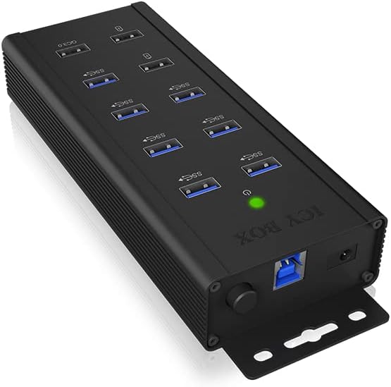 ICY BOX Hub 7 Ports USB 3.0 actif avec alimentation (12V/5A), 3 Ports de charge, Montage mural, Quick Charge 3.0, Aluminium, Noir, IB-HUB1703-QC3