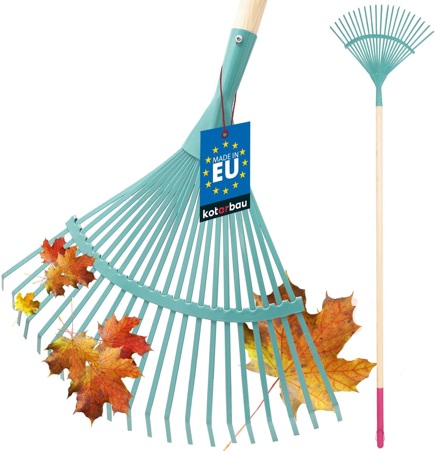 KOTARBAU® Rateau à Feuille - Acier - 41 cm - Râteau Jardin- avec Manche - 187 cm - Ramasse Feuille - Outil Robuste pour Gazon et Feuilles - Turquoise et Bois Naturel