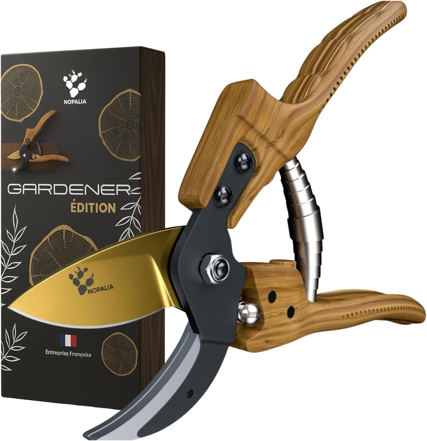 NOPALIA® Sécateur Premium Aluminium Effet Bois Naturel - Lame Or SK5 Acier Japonais Coupe 25 mm Précise, Ergonomique Anti-Fatigue - Outil Jardin Pro Éco Cadeau Jardinage Noël - Made in France
