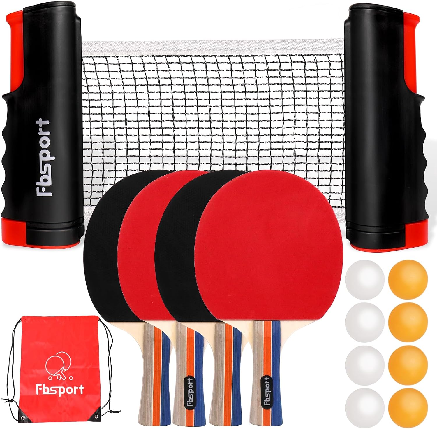 Set Ping Pong avec 4 Raquettes, Rétractable Filet Ping Pong pour Table, 8 Balles et 1 Sac de Transport, Tennis de Table Set pour Intérieur Extérieur Enfants Adultes