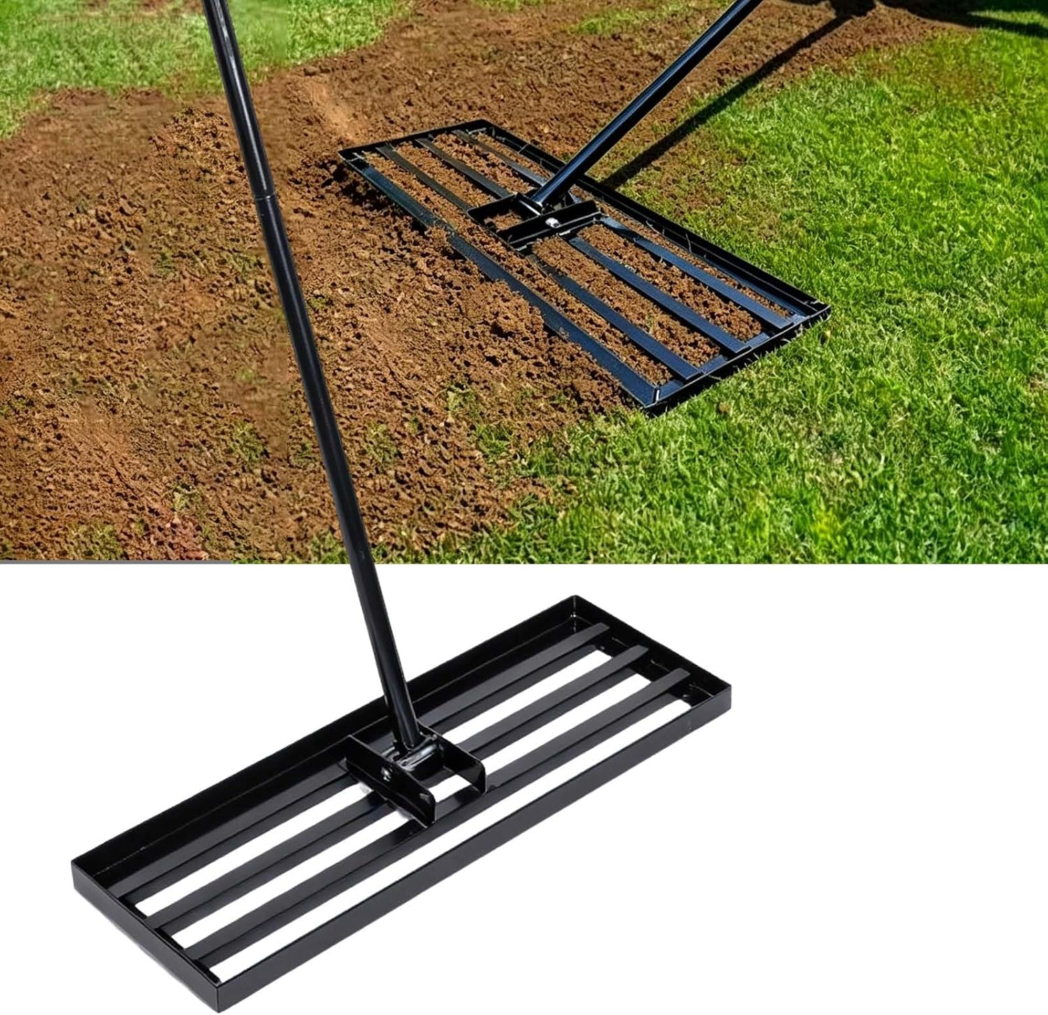 75 x 25cm Râteau de Nivellement de Pelouse, Râteau Gazon en Acier au Carbone avec Manche Antidérapant pour Niveler Terre Sable Compost, Jardin Cour Terrain de Golf (75*25cm)