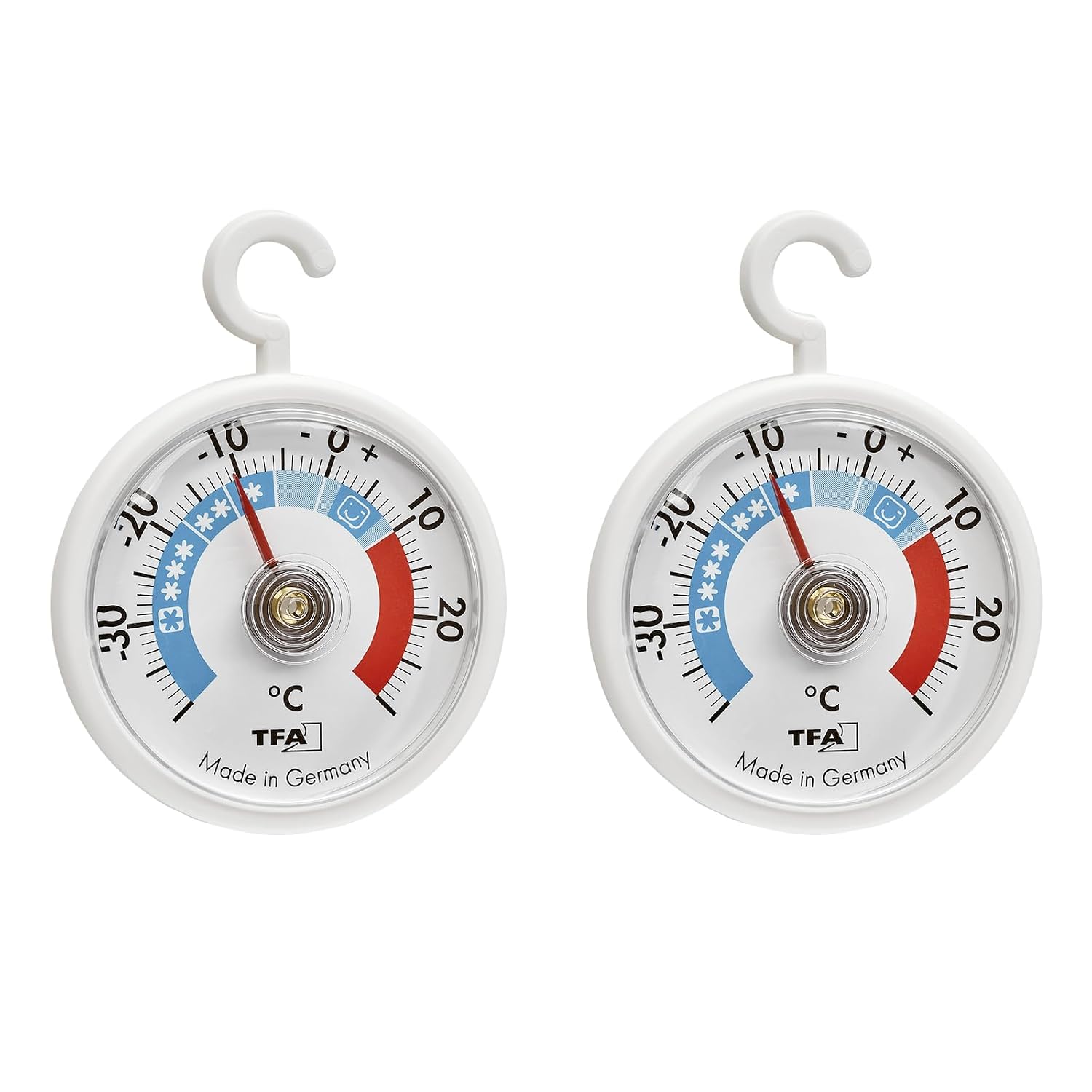 TFA Dostmann 2x thermomètres de refroidissement analogiques avec crochets, 95.1036, maniables, avec zones de refroidissement, pour réfrigérateur, congélateur et entrepôt de réfrigération, blanc