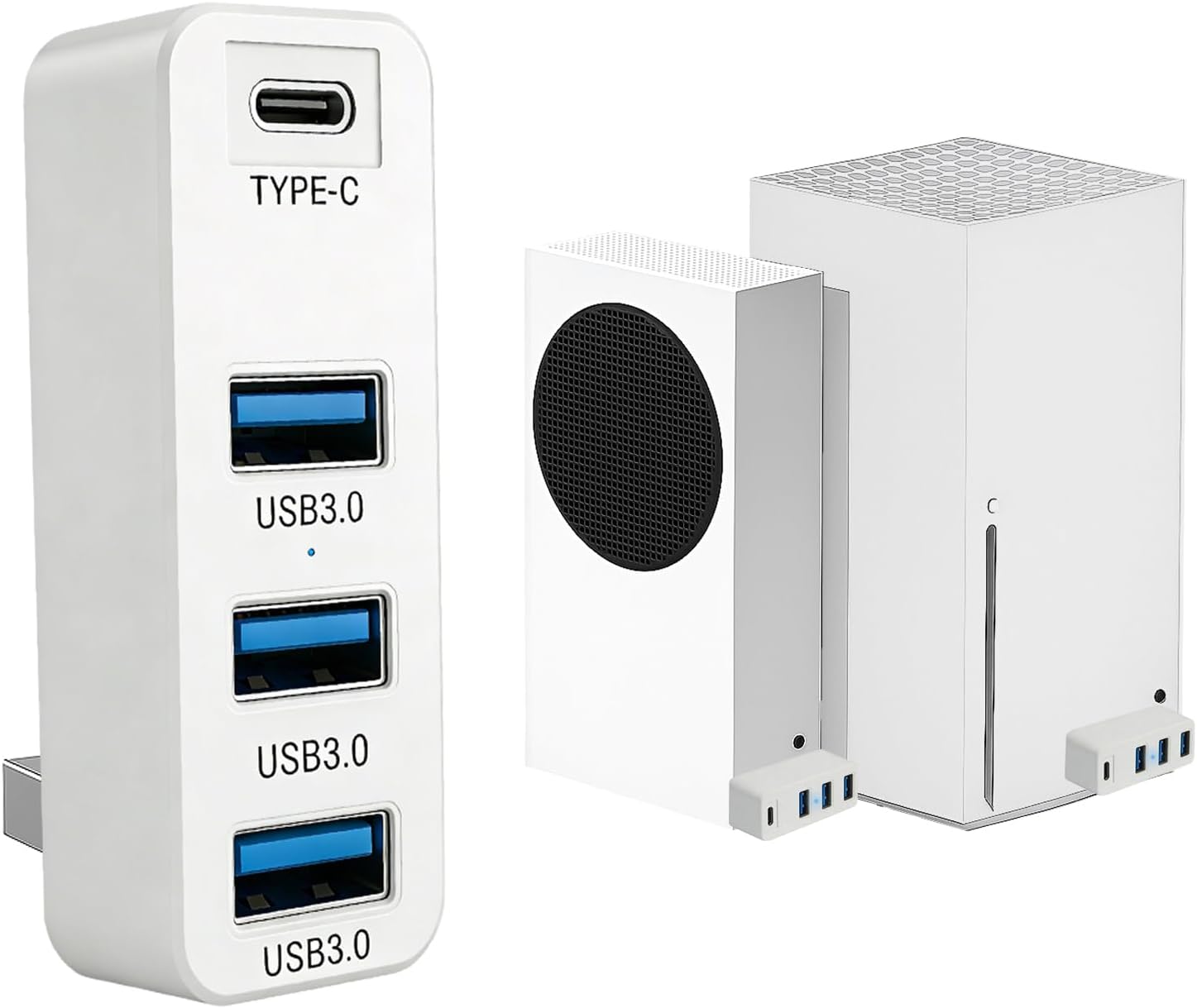 Hub USB à 4 Ports pour Xbox Series X|S, Adaptateur d'extension Haute Vitesse pour Xbox Series X|S Accessoires, avec 3 Ports USB 3.0 + 1 Port de Type C, Blanc