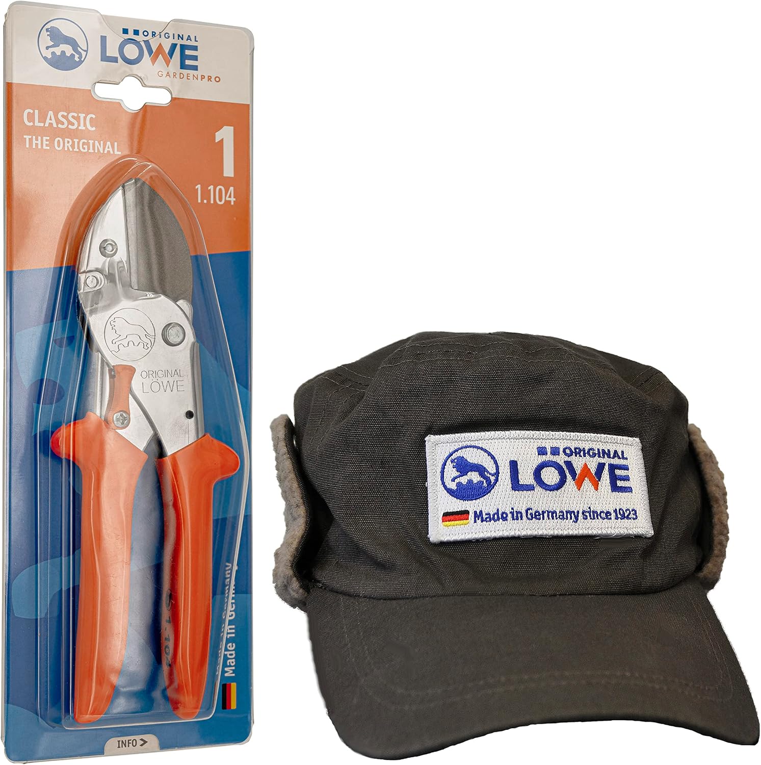 Original LÖWE 1 sécateur professionnel à enclume 1.104 avec lame en acier inoxydable et revêtement antiadhésif et bonnet d'hiver à doublure chaude, idéal pour le jardinage en hiver