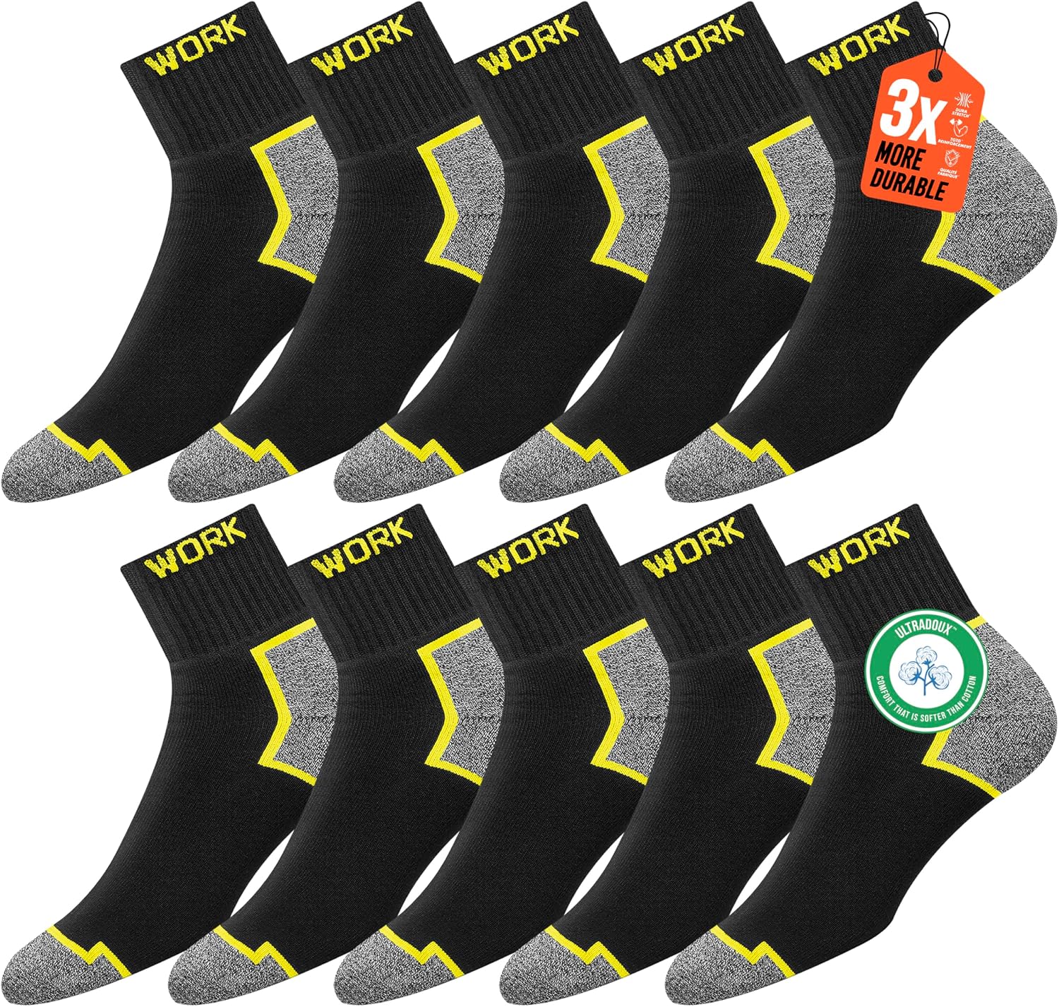 SOXCO Chaussettes de travail mi-hautes noires homme | Technologie DRI-WIK d’évacuation de l’humidité | Semelle ultra douce et coussinée | Talon et pointe renforcés | WORK Socks Lot de 10 paires