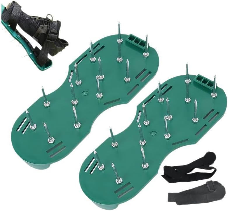 Chaussures d'aération de gazon avec pointes, clous de 15 mm, 26 pointes en acier, sangles ajustables, vertes, chaussures d'aération de gazon pour aérer le gazon ou comme chaussures à lattes