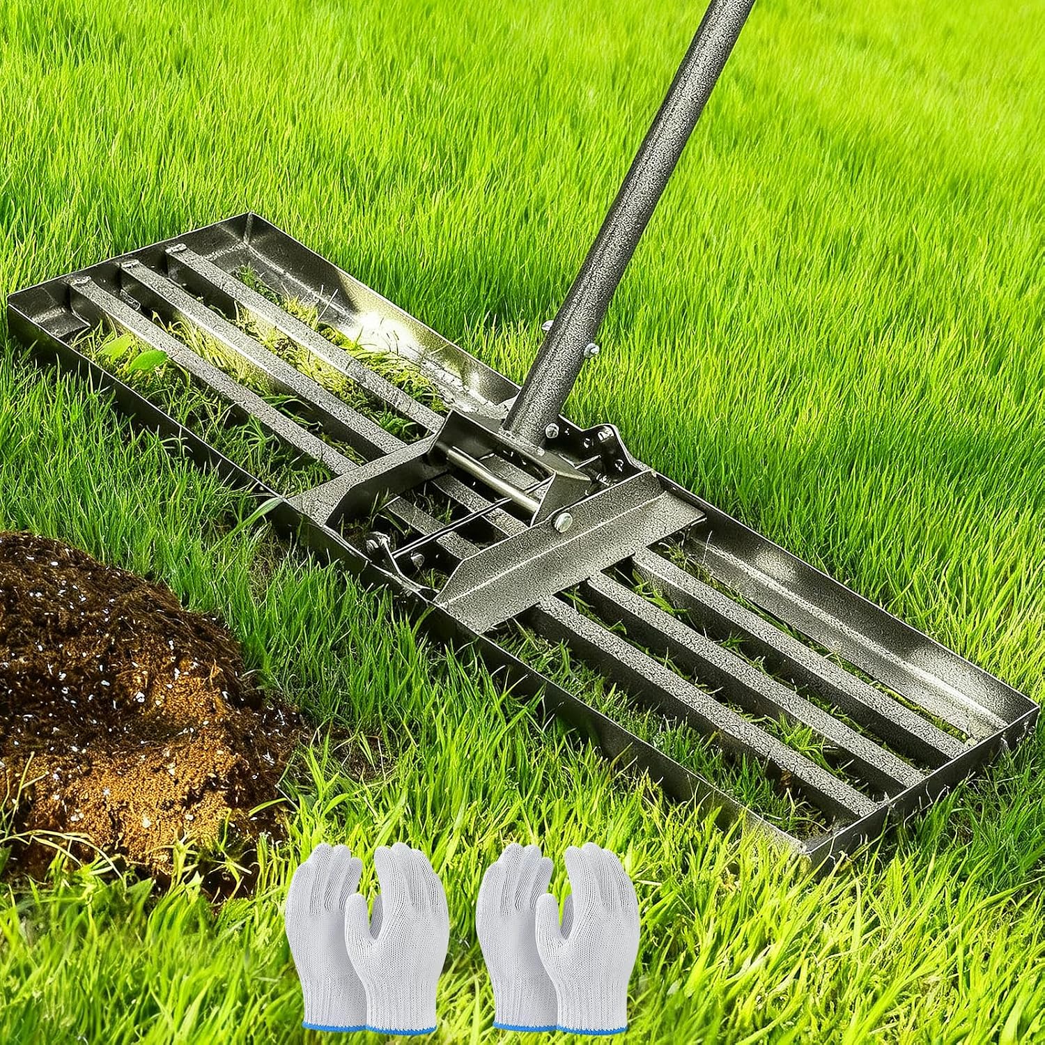 Rateau Nivellement pour Gazon, 76x25 cm, Manche Réglable de 185 cm