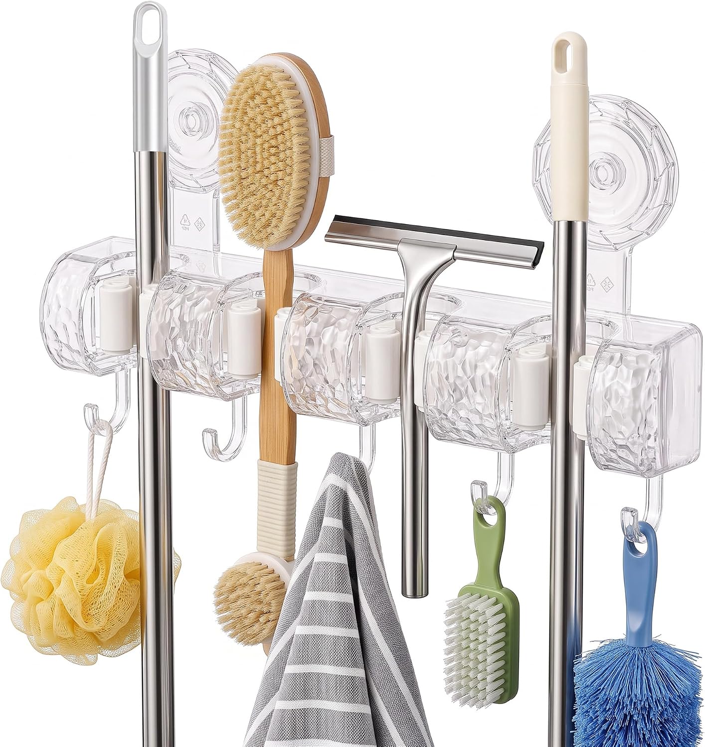 Porte Balai Mural Sans Perçage, Accroche Balai Mural avec 4 Supports et 5 Crochets, Support De Vadrouille Auto Adhésif, Porte Outils de Jardin Mural, Idéal pour Salle de Bain, Cuisine, Jardin
