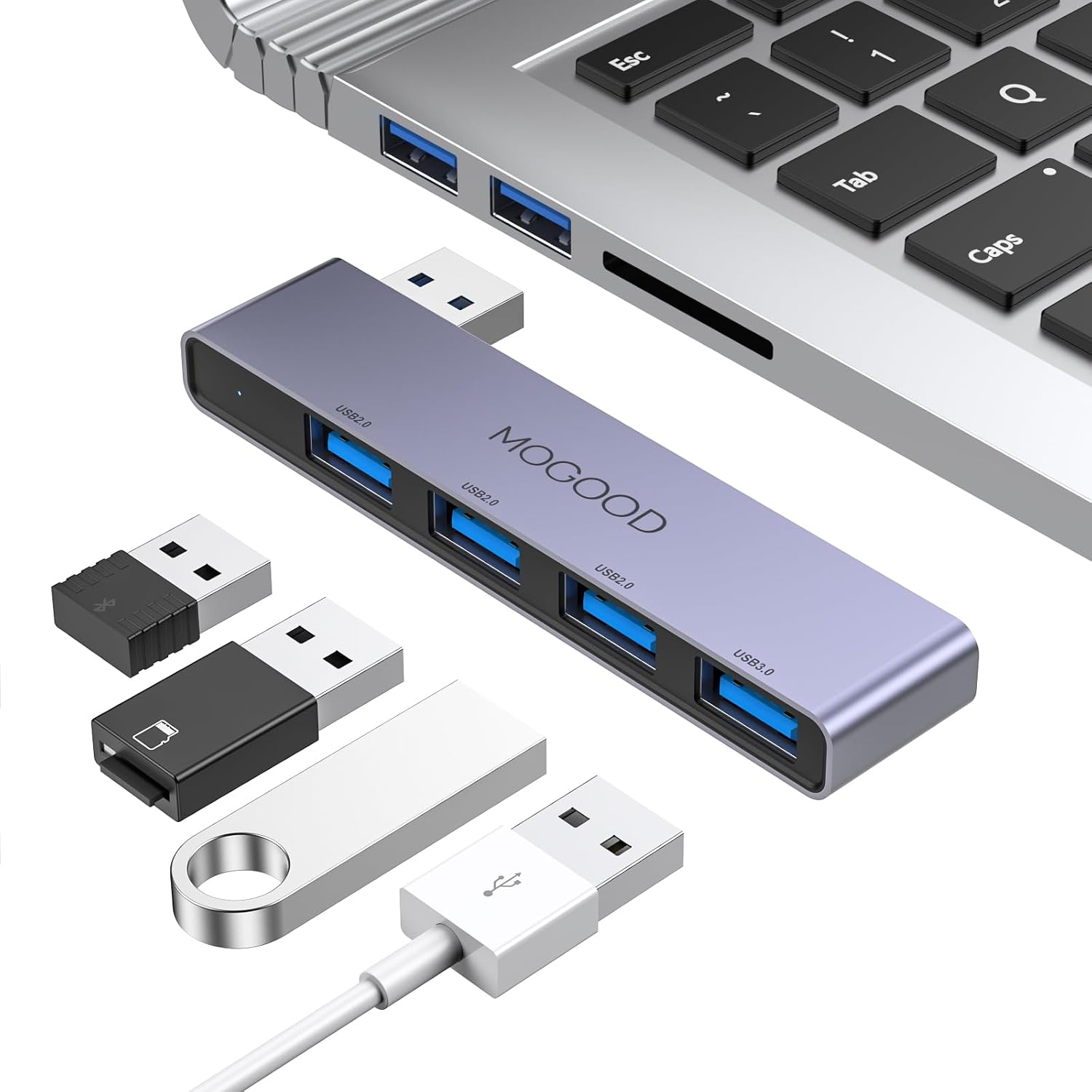MOGOOD Hub USB Multi 4 Ports Multiport USB 3.0 Aluminium Gris Gauche