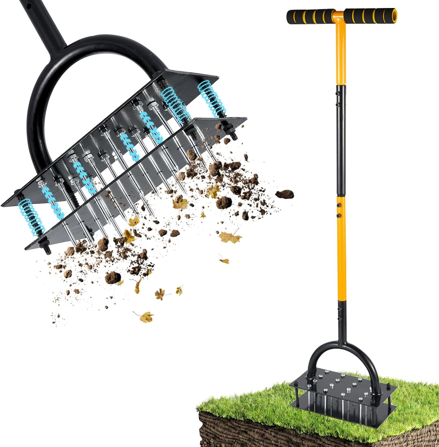 ROCKY&CHAO Aérateur Manuel pour pelouse – Outil de Jardin à Double Plaque avec 16 Pointes et 4 Ressorts, poignée en T, idéal pour sols compacts et Entretien du Gazon