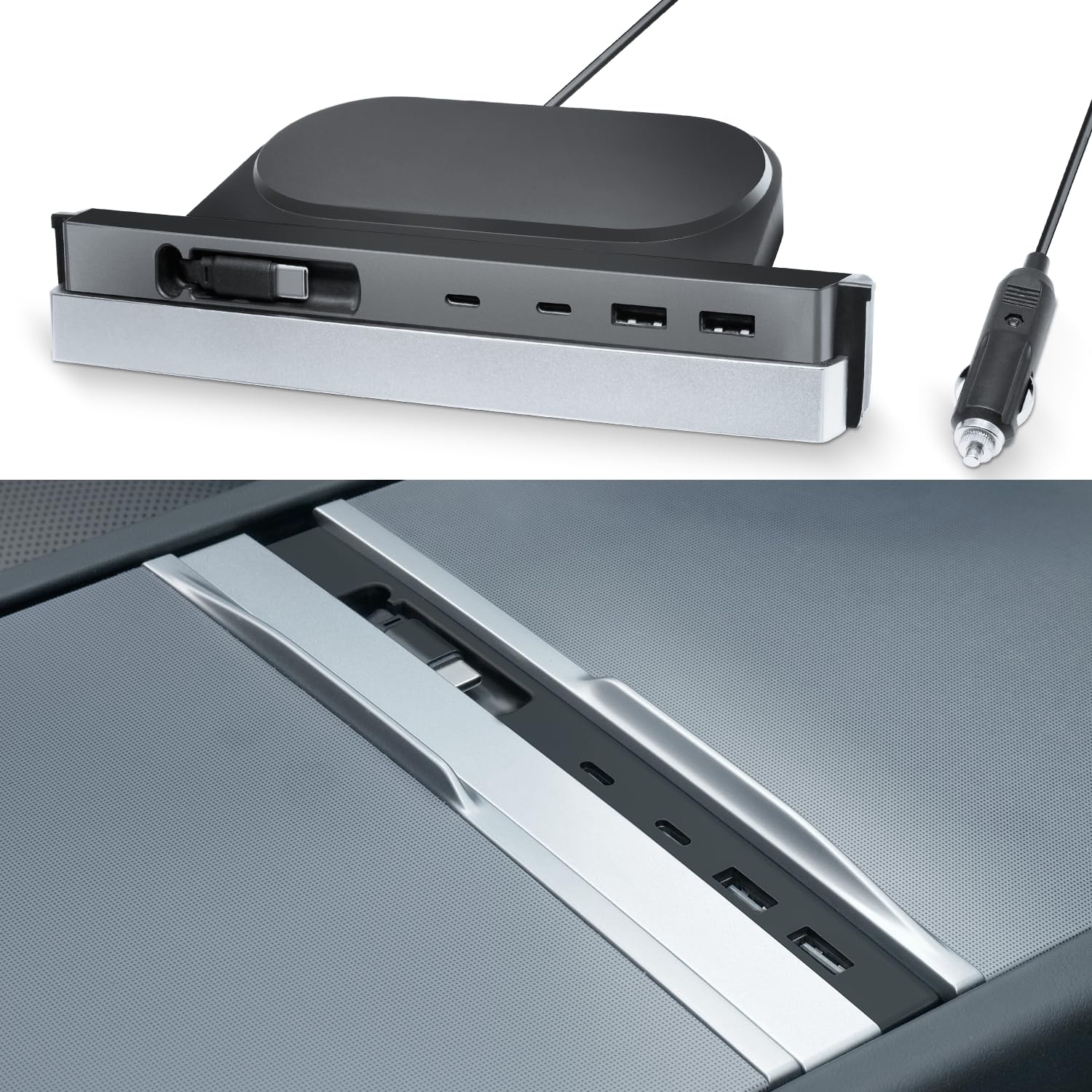 Tesla USB Hub for Model 3 Highland 2024-2026 & Model Y Juniper 2025-2026, 135W Equipped with Two Retractable Type C Data Cables, Docking Station for Tesla Center Console, Tesla Accessories