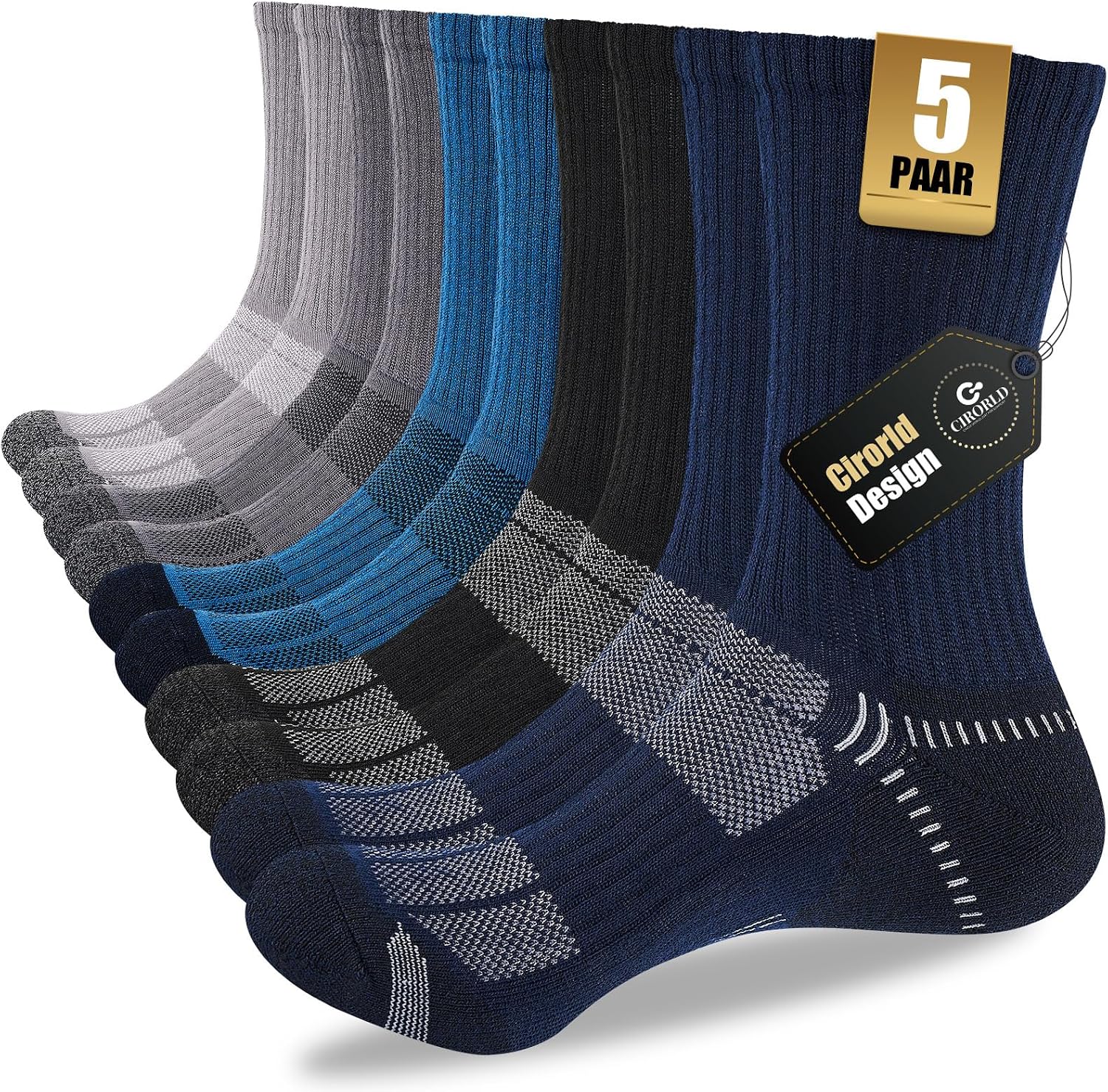 Cirorld Lot de 5 paires de chaussettes pour homme 43-46 37-42, respirantes, rembourrées, chaussettes de sport, de tennis, de course, de trekking, de travail, multicolore