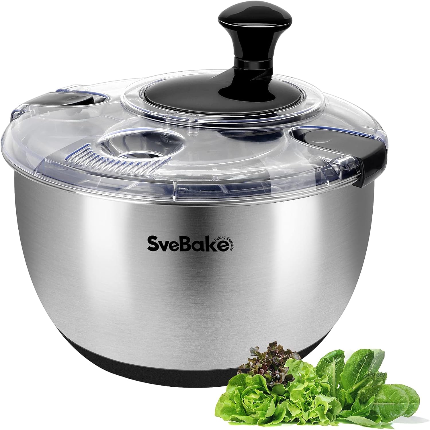 SveBake Essoreuse à Salade en Acier Inoxydable 18/10, 4,5 L, avec Couvercle et Manivelle, Passe au Lave‑Vaisselle, Grande Cuvette Inox pour Laver Salades, Légumes et Fruits, Noir