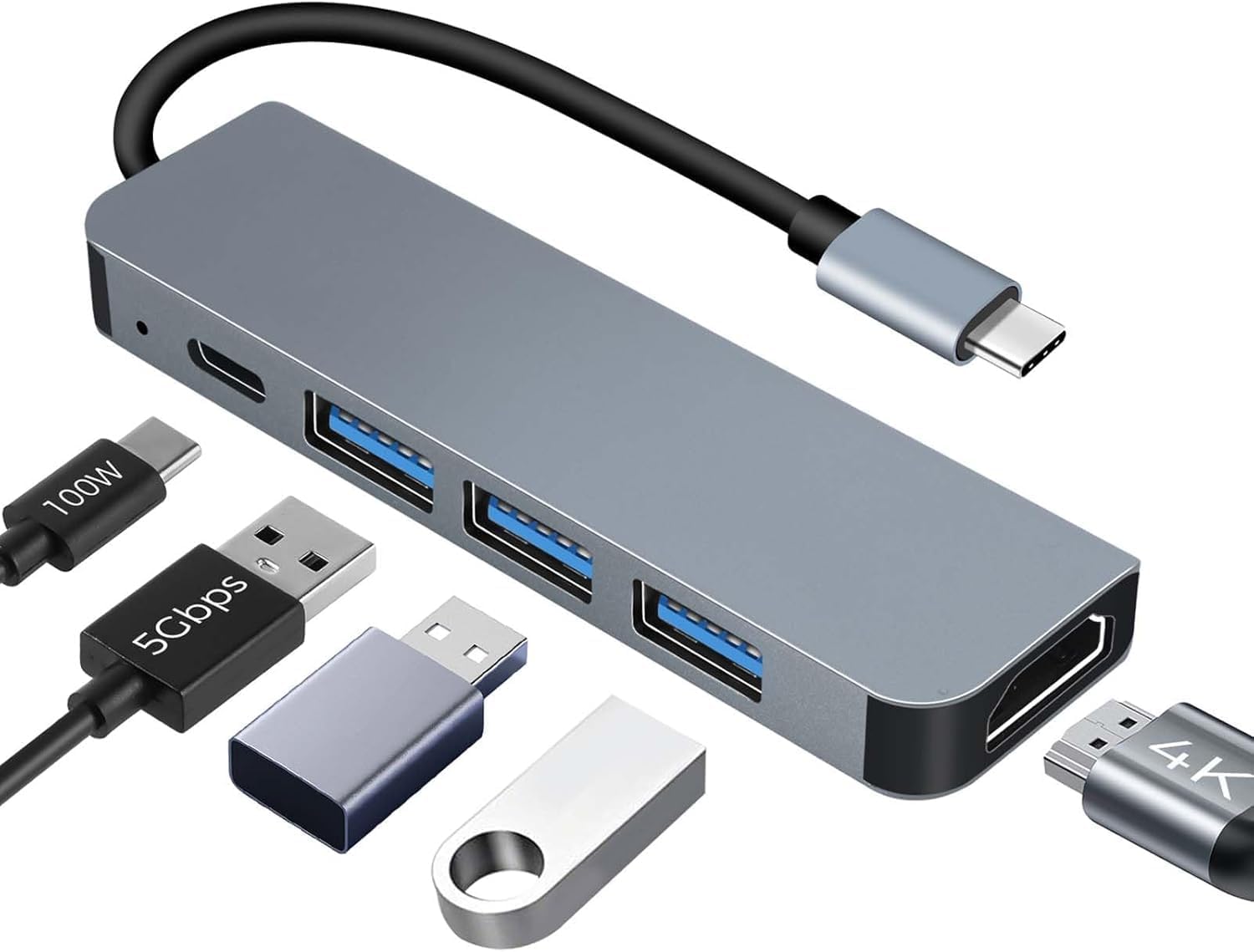 Hub USB C HDMI 4K PD 100W Charge, Multi Data Ports 5Gbps 5 en 1 Dock USB-C, Hub USBC Adaptateur Multiport Compatible pour MacBook Pro/Air,iMac,iPhone 16 15 Plus Pro Max, Samsung Galaxy