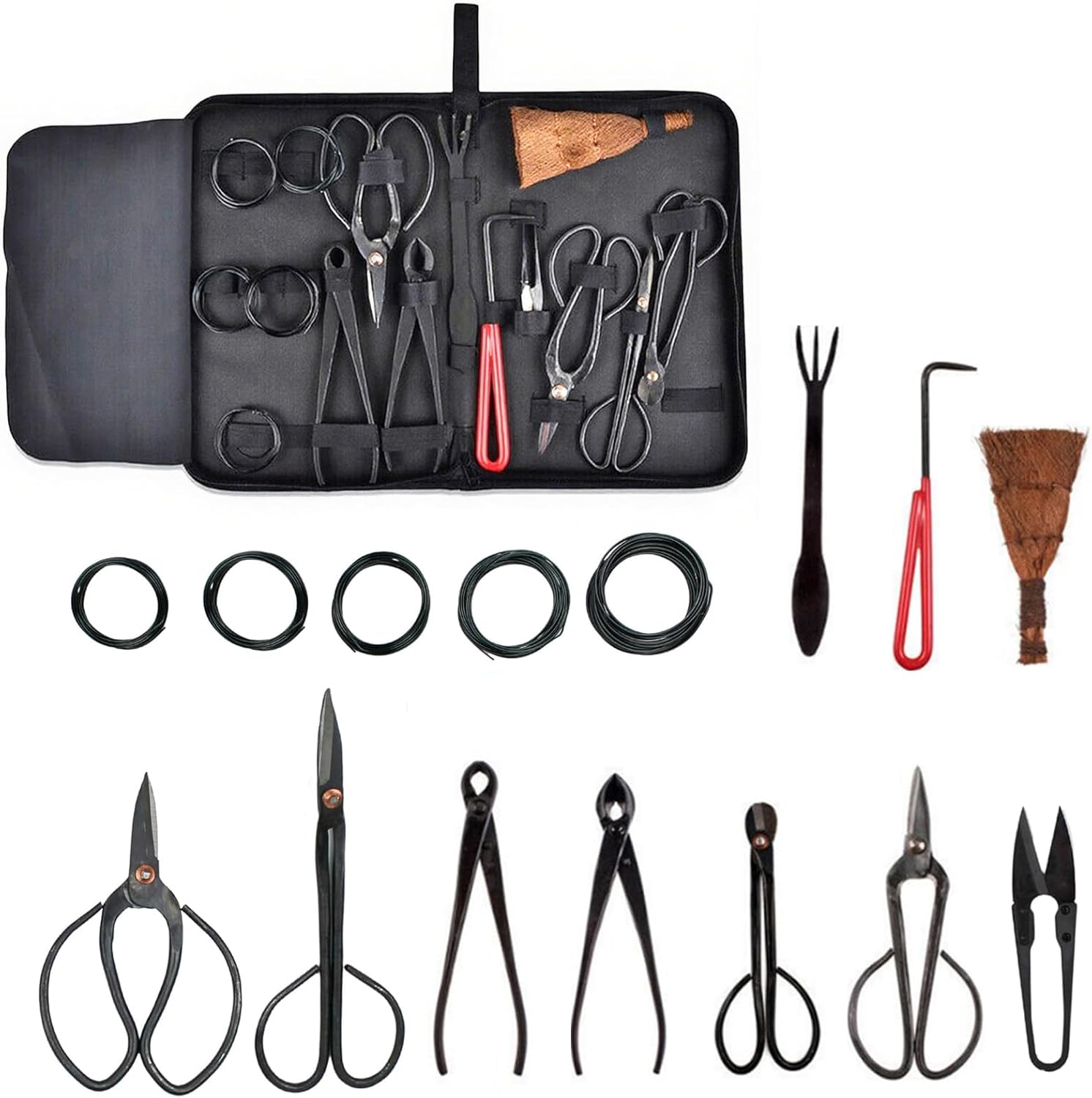 15 Pièces Ensemble d'Outils de Jardinage, avec Coupe Ciseaux en Acier Au Carbone, Coupe-Bordures Concave, Coupe-Bordures, Pince à bonsaï, Cadeaux de kit Jardinage pour Homme et Femme (B)